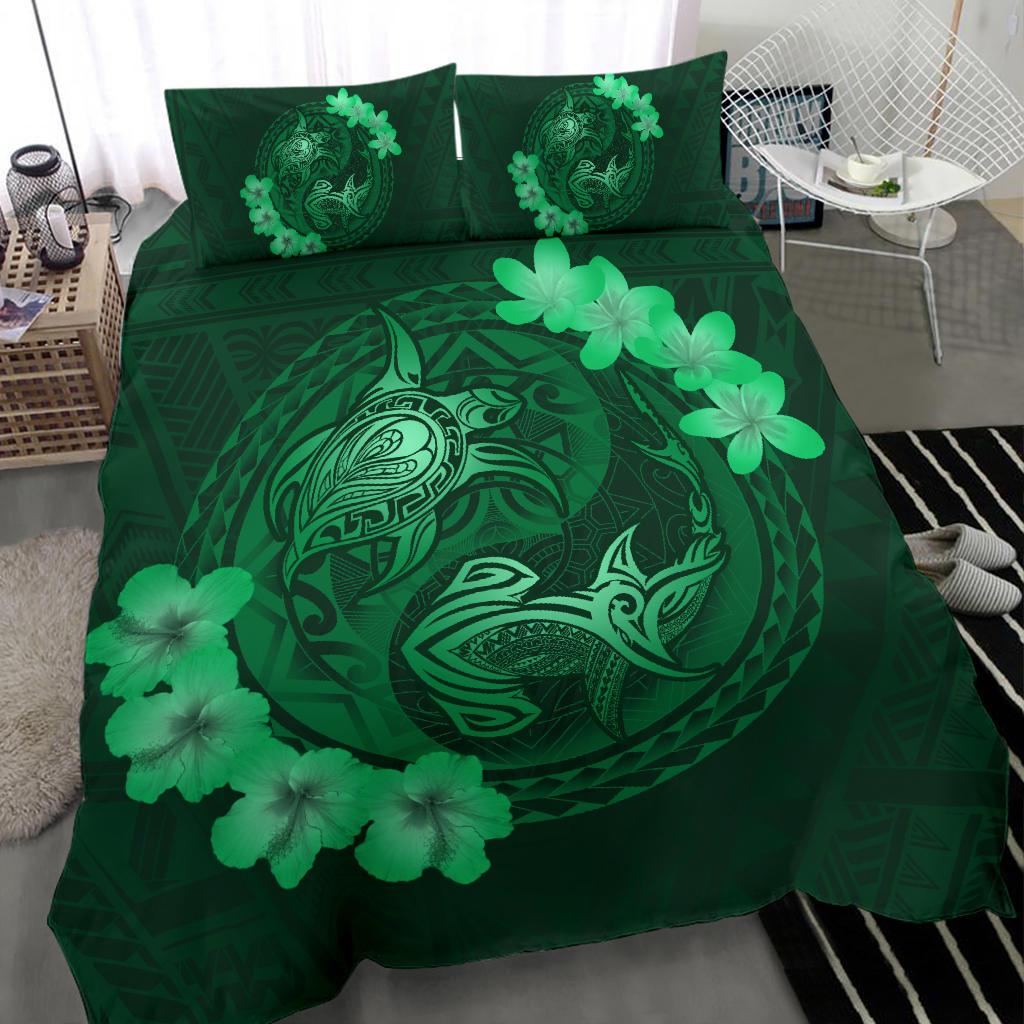 Hawaii Yin Yang Turtle Shark Hibiscus Plumeria Bedding Set - Green - Polynesian Pride