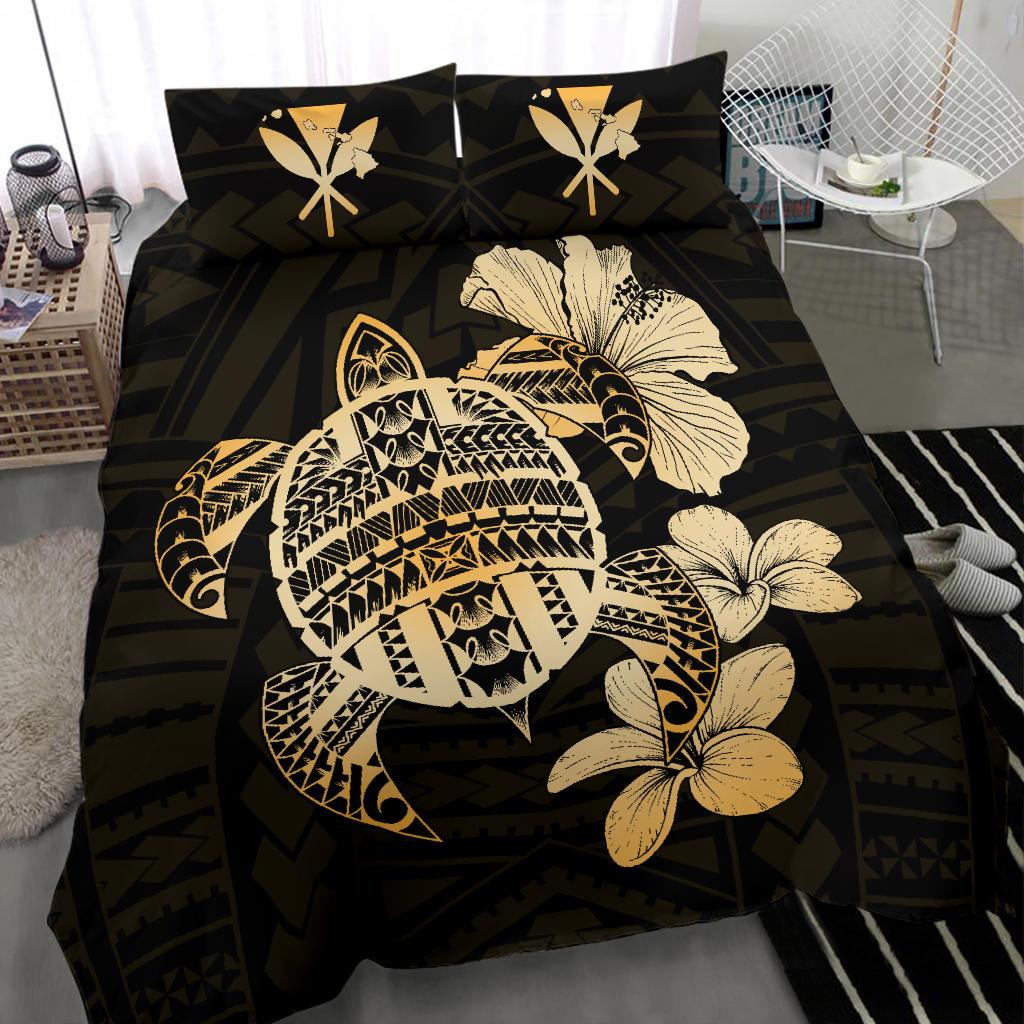 Hawaiian Kanaka Hibiscus Plumeria Mix Polynesian Turtle Bedding Set Gold AH - Polynesian Pride