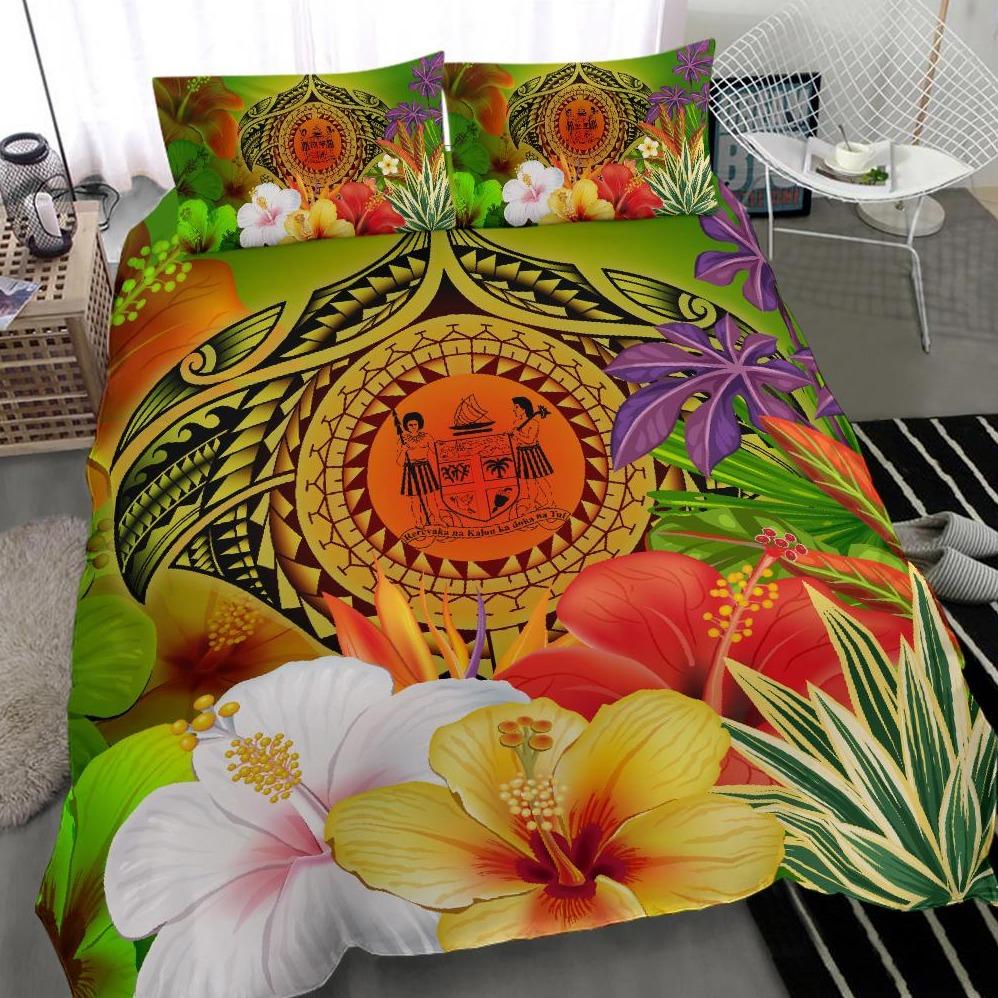 Fiji Polynesian Bedding Set - Manta Ray Tropical Flowers (Reggae) Green - Polynesian Pride