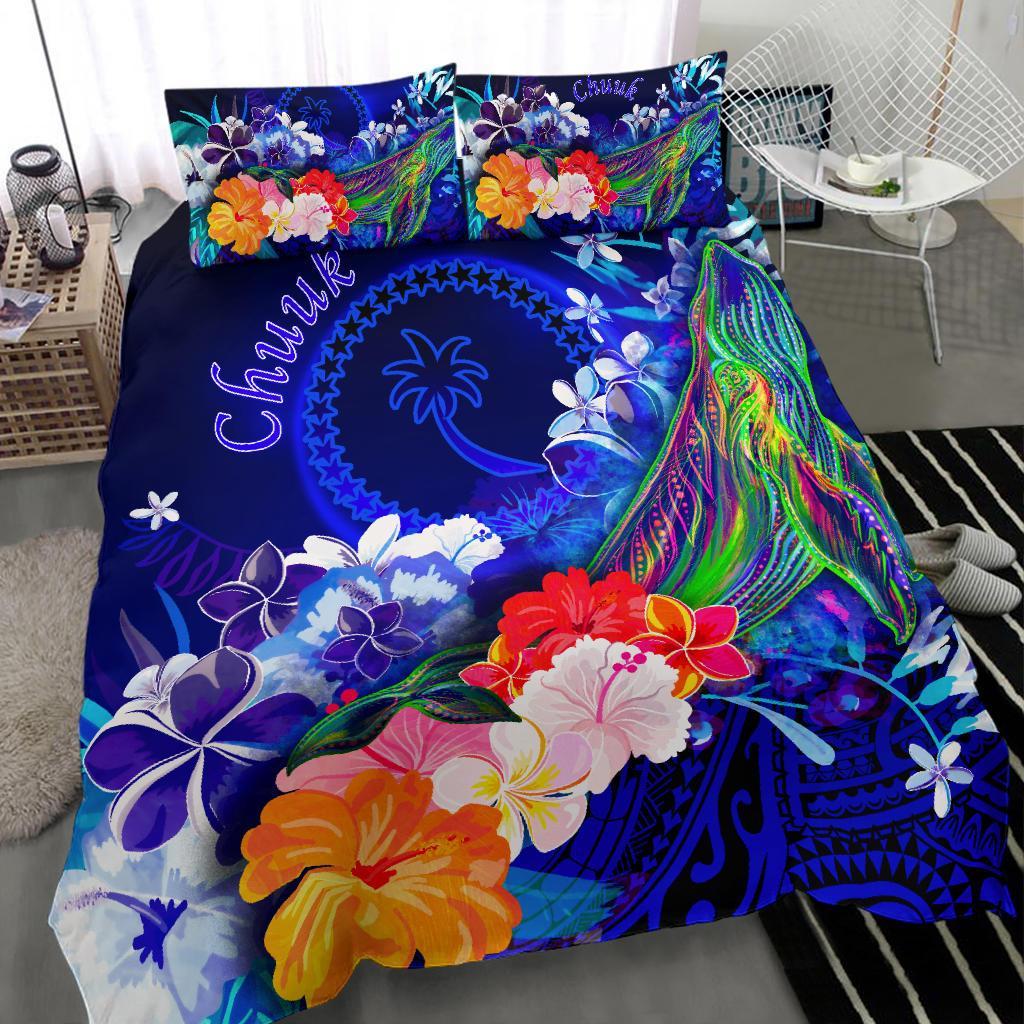 Chuuk Bedding Set - Humpback Whale with Tropical Flowers (Blue) - Polynesian Pride