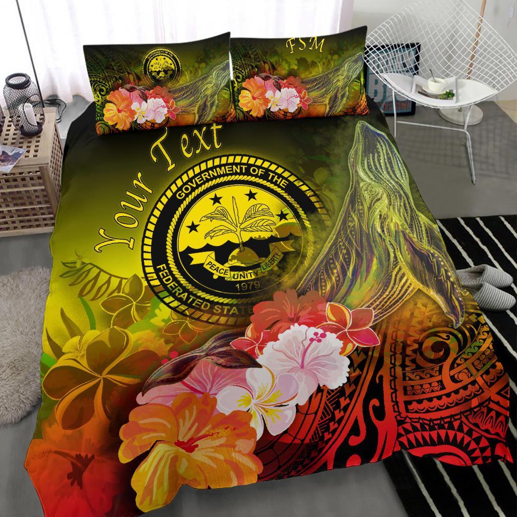 Federated States of Micronesia Custom Personalised Bedding Set - Humpback Whale with Tropical Flowers (Yellow) Yellow - Polynesian Pride