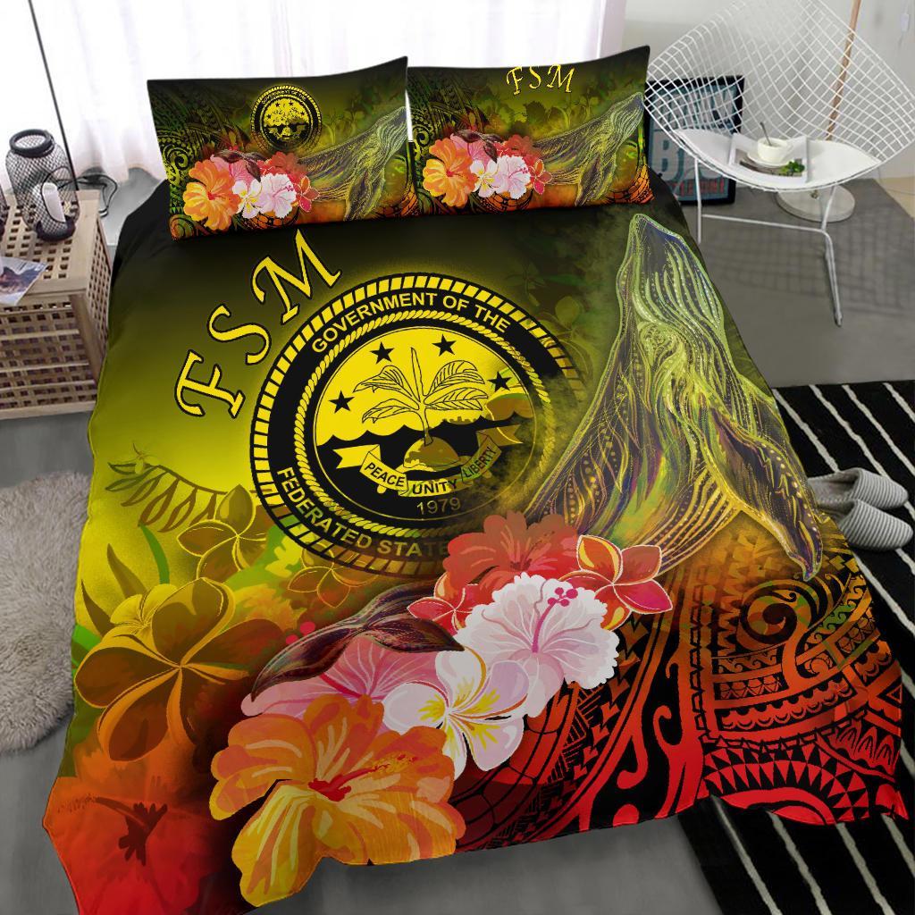 Federated States of Micronesia Bedding Set - Humpback Whale with Tropical Flowers (Yellow) Yellow - Polynesian Pride