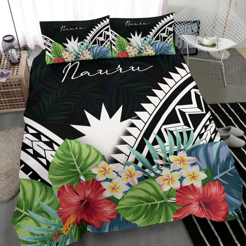 Nauru Bedding Set - Nauru Coat of Arms & Polynesian Tropical Flowers White - Polynesian Pride