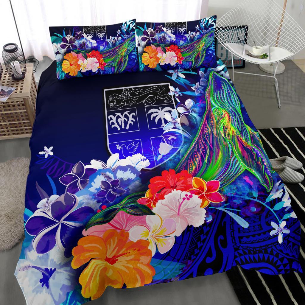 Fiji Bedding Set - Humpback Whale with Tropical Flowers (Blue) - Polynesian Pride