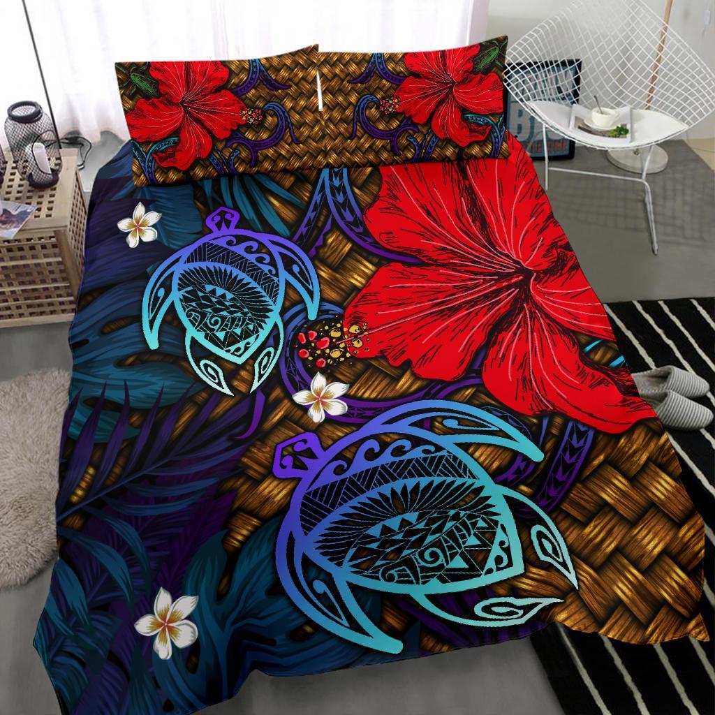Hawaii Lauhala Hibiscus Polynesian Tropical Blue Bedding Set - Wake Style - AH - Polynesian Pride