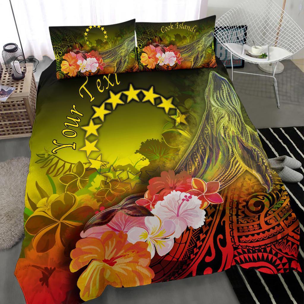 Cook Islands Custom Personalised Bedding Set - Humpback Whale with Tropical Flowers (Yellow) - Polynesian Pride