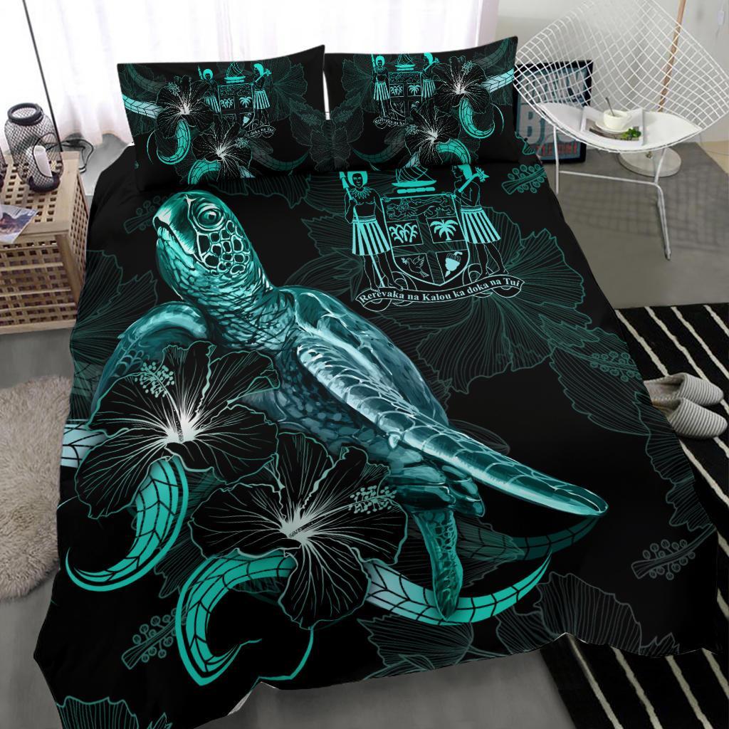 Fiji Polynesian Bedding Set - Turtle With Blooming Hibiscus Turquoise - Polynesian Pride