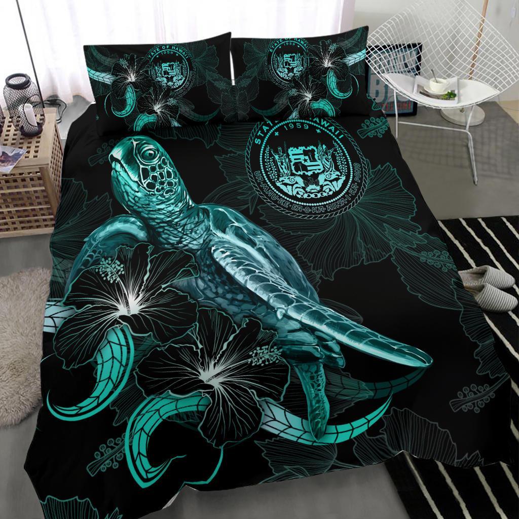Hawaii Polynesian Bedding Set - Turtle With Blooming Hibiscus Turquoise - Polynesian Pride