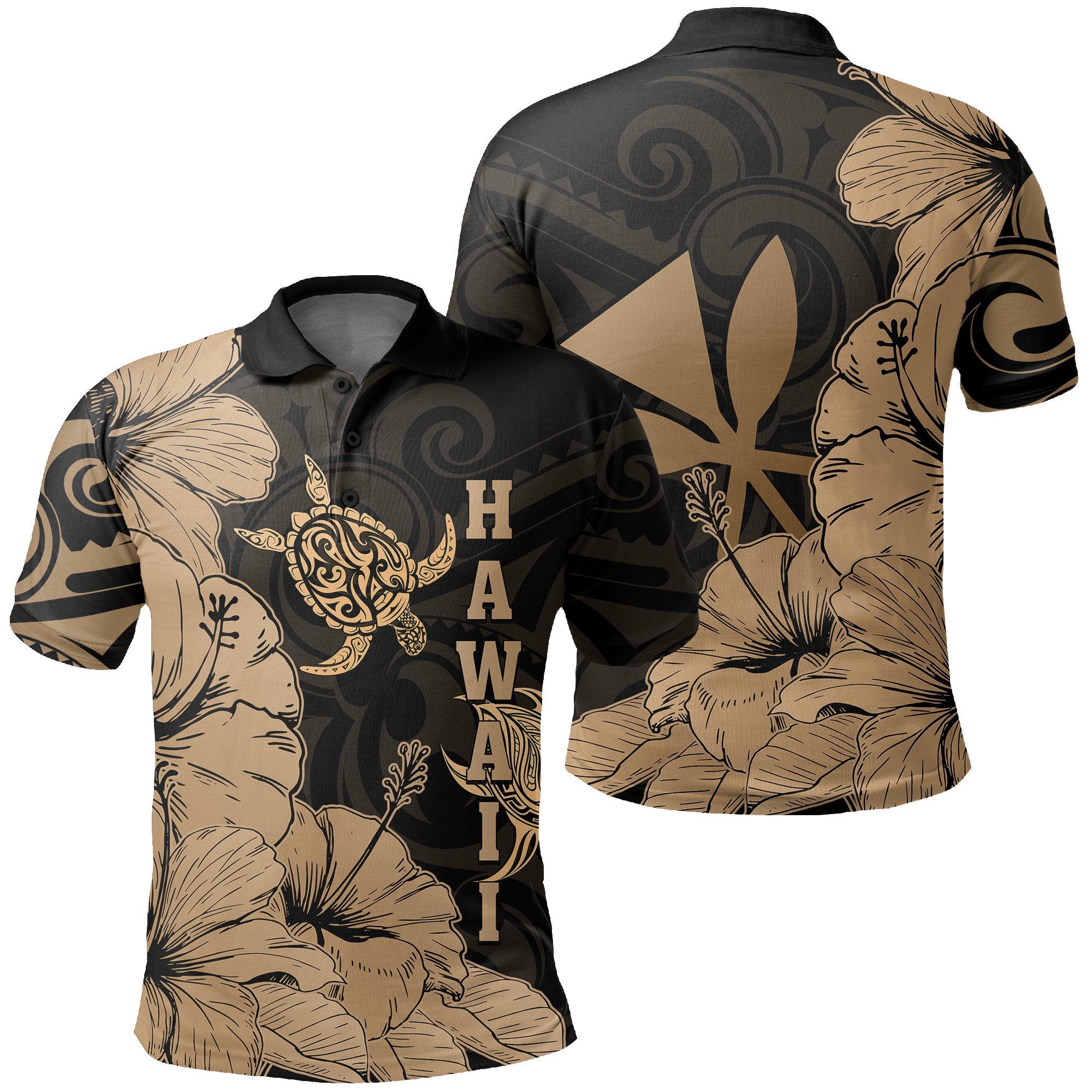 Hawaii Turtle Polo Shirt Polynesian Hibiscus Art Ver 2.0 Gold Unisex Gold - Polynesian Pride