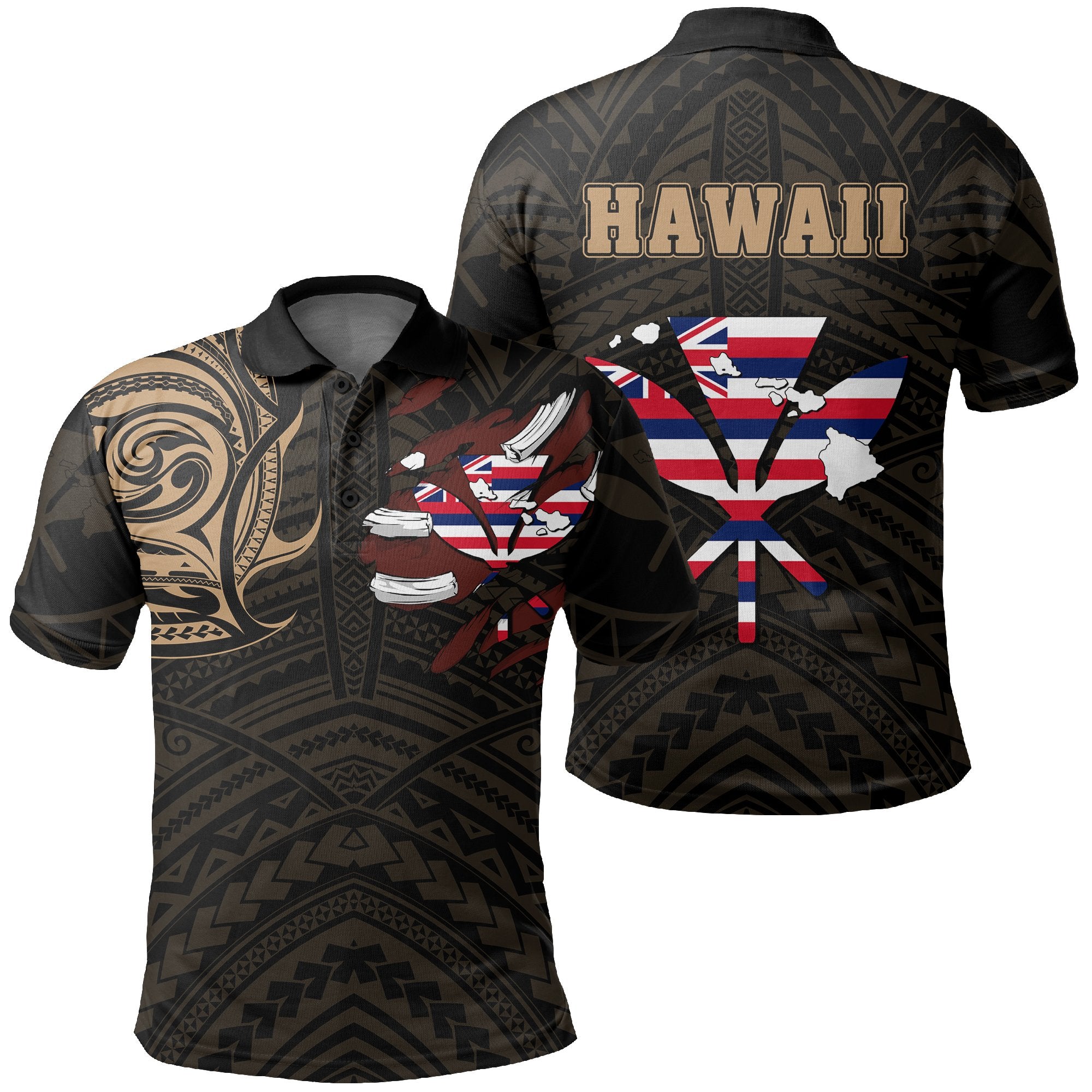 Hawaiian Kanaka Polo Shirt Heart Tattoo Gold Unisex Gold - Polynesian Pride