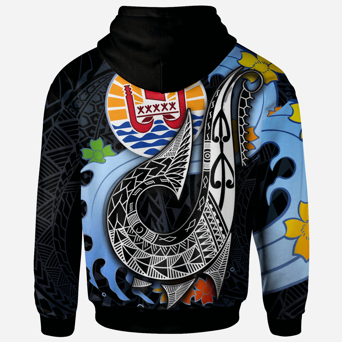 Tahiti Custom Hoodie Fish Hooks and Wave - Polynesian Pride