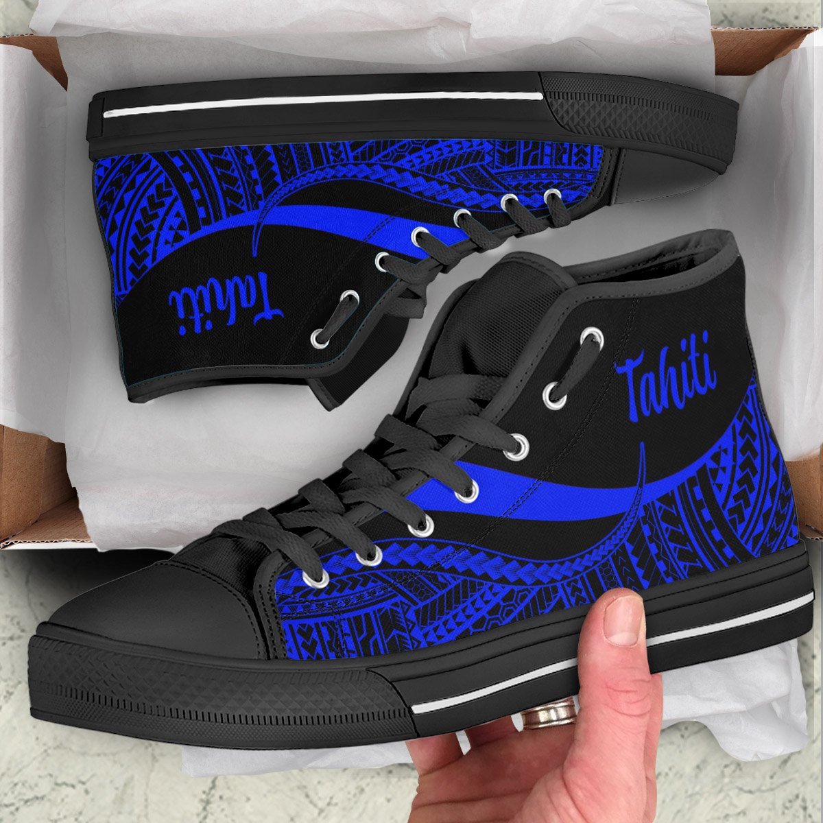 Tahiti High Top Shoes Blue - Polynesian Tentacle Tribal Pattern Unisex Black - Polynesian Pride