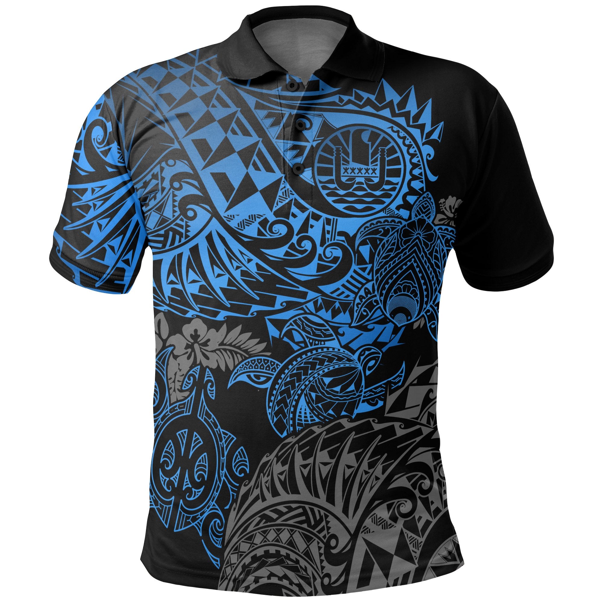 Tahiti Polynesian Polo Shirt Blue Turtle Hibiscus Flowing Unisex BLUE - Polynesian Pride