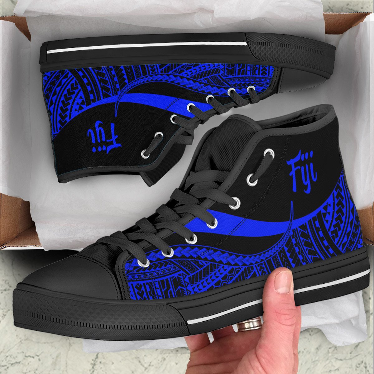 Fiji High Top Shoes Blue - Polynesian Tentacle Tribal Pattern Crest Unisex Black - Polynesian Pride