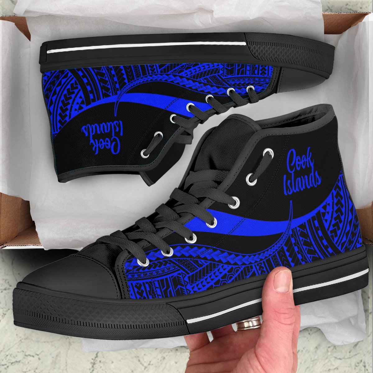 Cook Islands High Top Shoes Blue - Polynesian Tentacle Tribal Pattern Unisex Black - Polynesian Pride