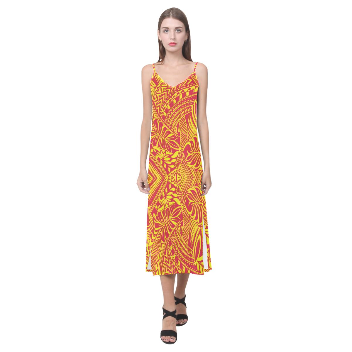 Tonga Pattern V - Neck Open Fork Long Dress - Yellow Style Women Yellow - Polynesian Pride