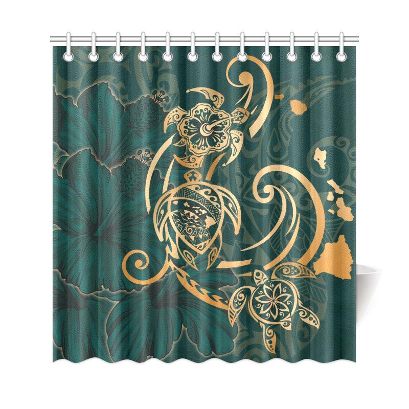 Hawaii Triple Marble Turtle Polynesian Hibiscus Shower Curtain - AH - Benjamin Style - Green - Polynesian Pride