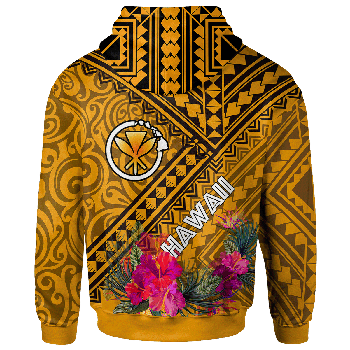 Hawaii Zip up Hoodie Kanaka Maoli With Hibiscus On Polynesian Patterns (YELLOW) - Polynesian Pride