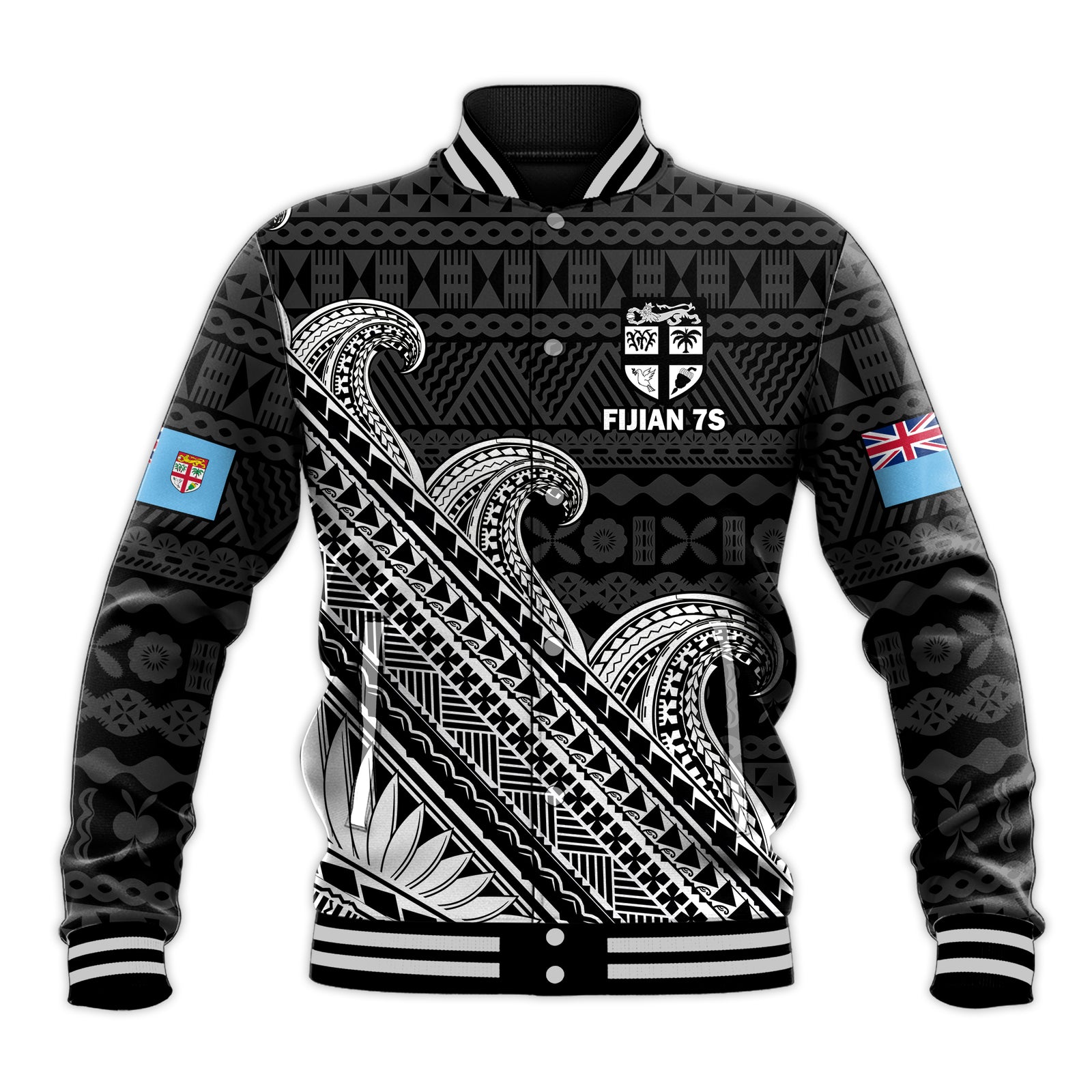 (Custom Text And Number) Fiji Sevens Rugby Fijian 7s Black Tapa Polynesian Art Baseball Jacket LT14 Unisex Black - Polynesian Pride