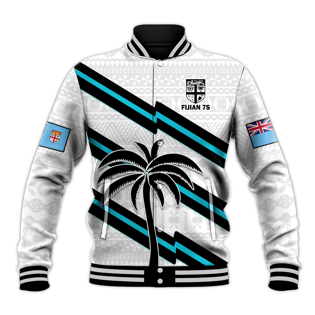 (Custom Text And Number) Fiji Rugby Tapa Pattern Fijian 7s White Baseball Jacket LT14 Unisex White - Polynesian Pride