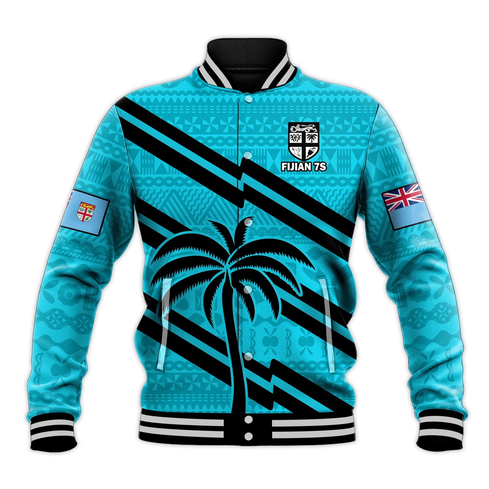 (Custom Text And Number) Fiji Rugby Tapa Pattern Fijian 7s Cyan Baseball Jacket LT14 Unisex Cyan - Polynesian Pride