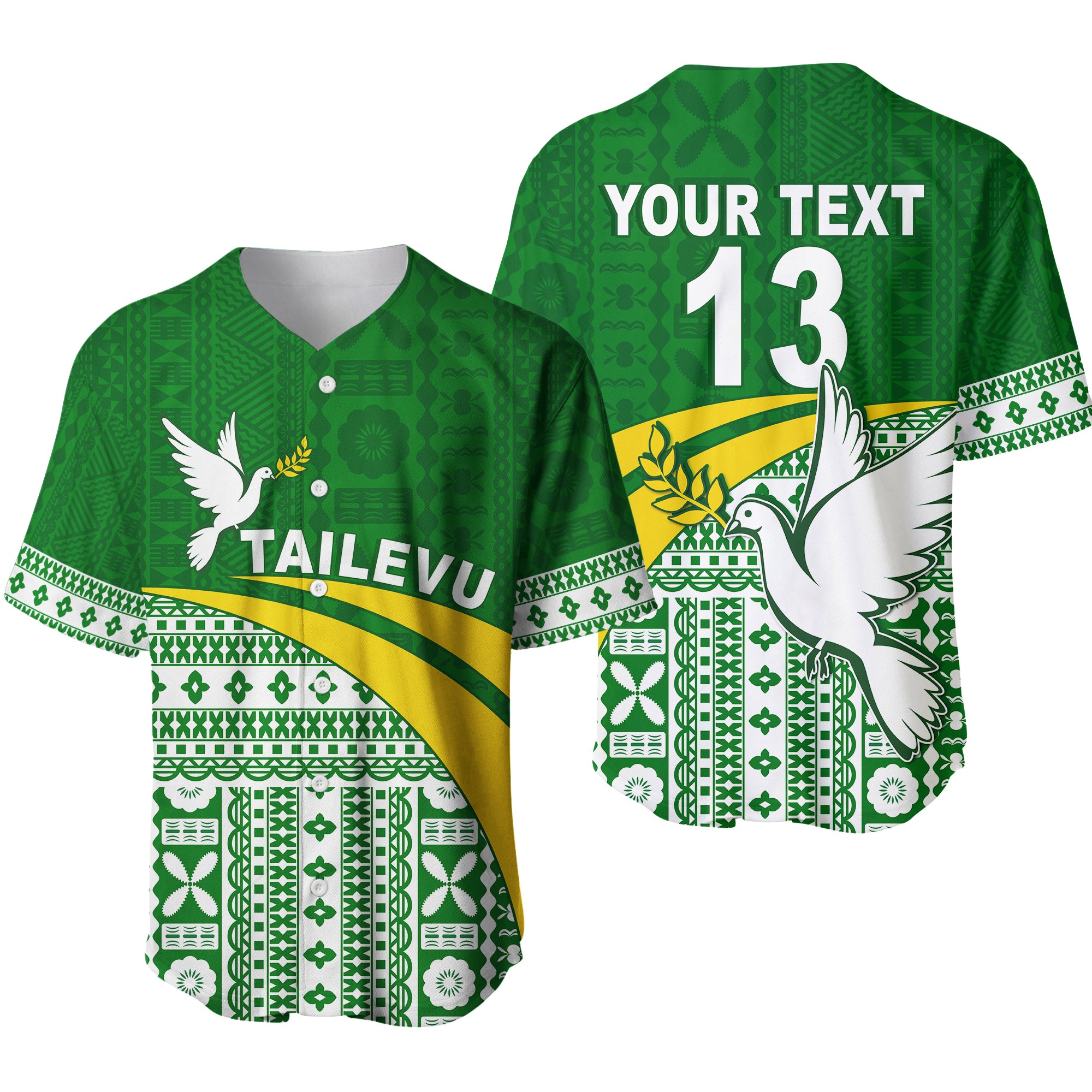 (Custom Text and Number) Tailevu Rugby Baseball Jersey Fiji Rugby Tapa Pattern Green LT13 Unisex Green - Polynesian Pride