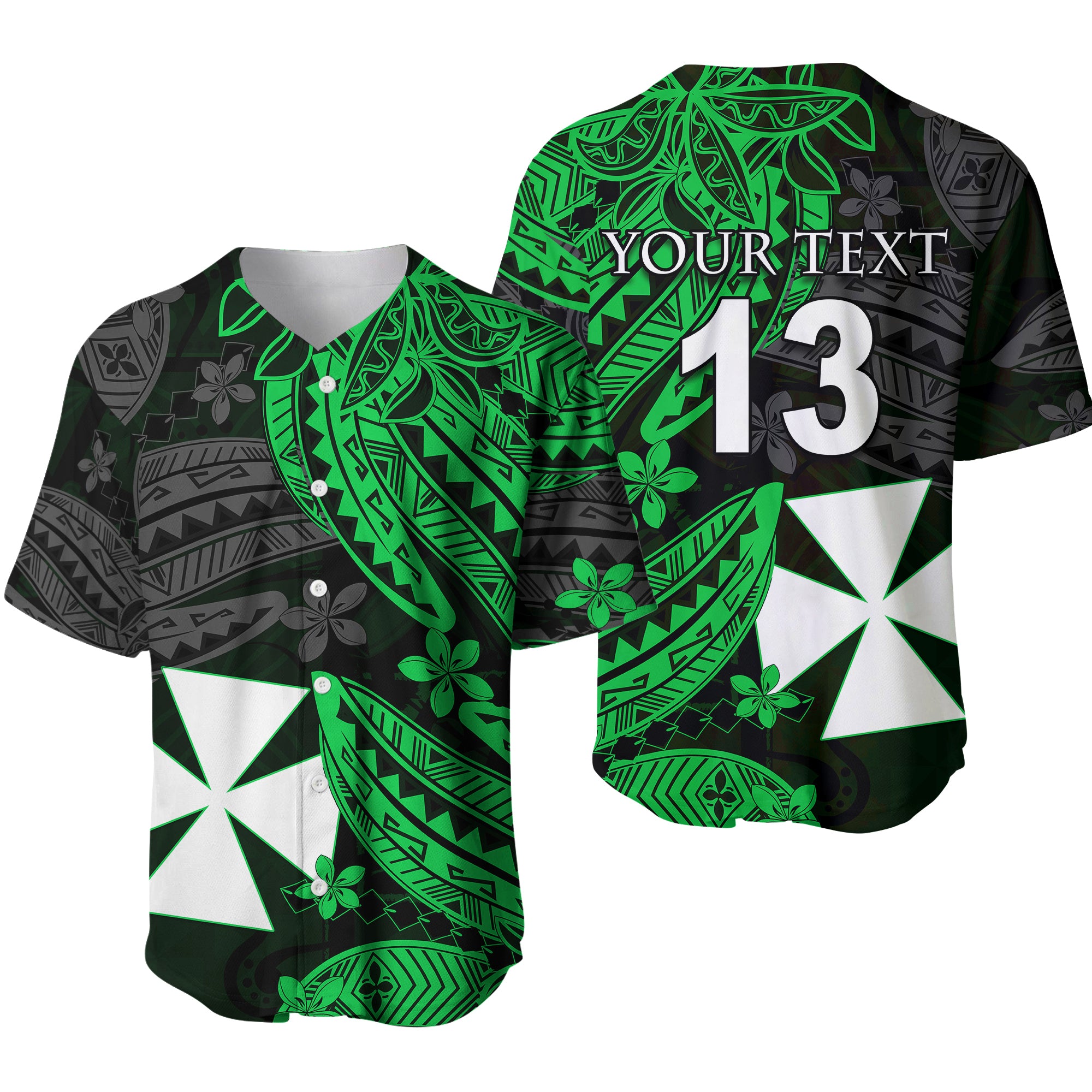 (Custom Text and Number) Wallis and Futuna Baseball Jersey Enjoy Polynesian Flowers Version Green LT13 Green - Polynesian Pride