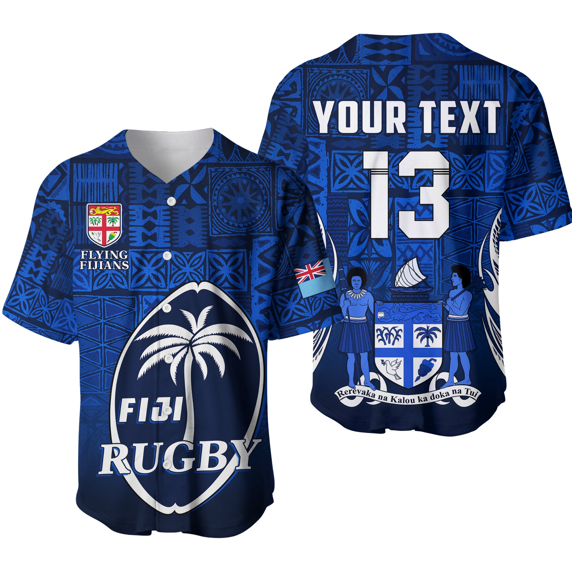 (Custom Text and Number) Fiji Rugby Baseball Jersey Flying Fijians Blue Tapa Pattern LT13 Unisex Blue - Polynesian Pride