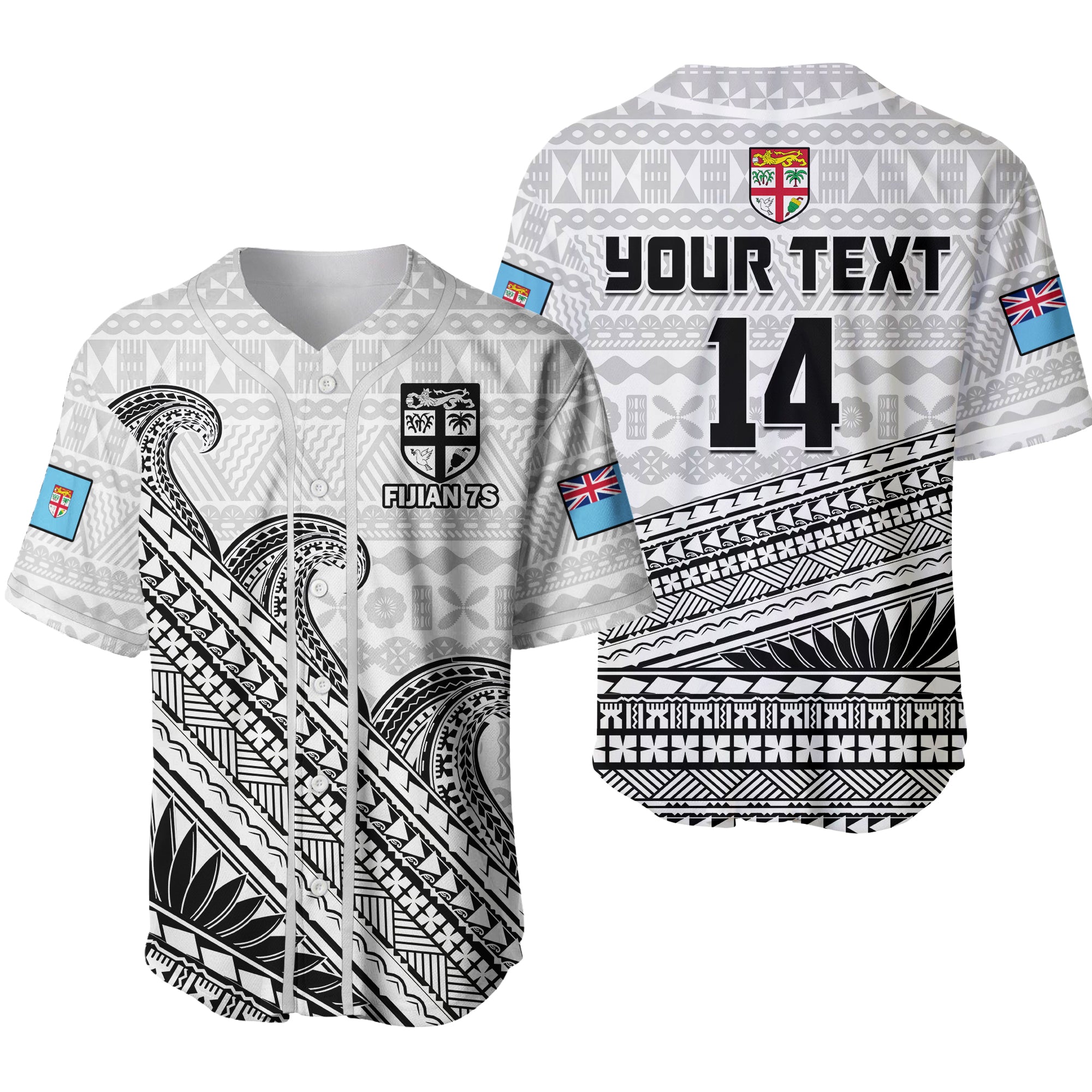 (Custom Text And Number) Fiji Sevens Rugby Baseball Jersey Fijian 7s Tapa Polynesian Art Ver.02 LT14 White - Polynesian Pride