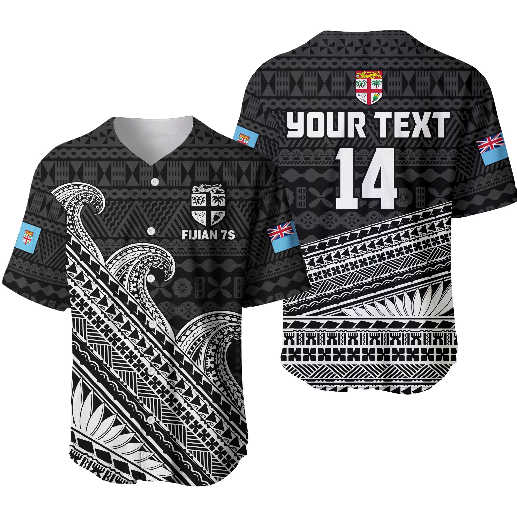 (Custom Text And Number) Fiji Sevens Rugby Fijian 7s Black Tapa Polynesian Art Baseball Jersey LT14 - Polynesian Pride