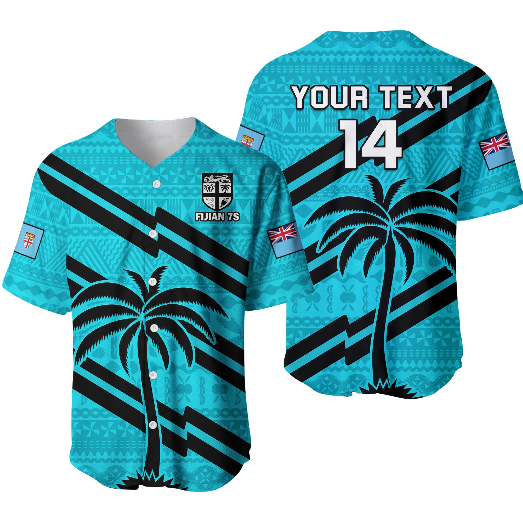 (Custom Text And Number) Fiji Rugby Tapa Pattern Fijian 7s Cyan Baseball Jersey LT14 Cyan - Polynesian Pride