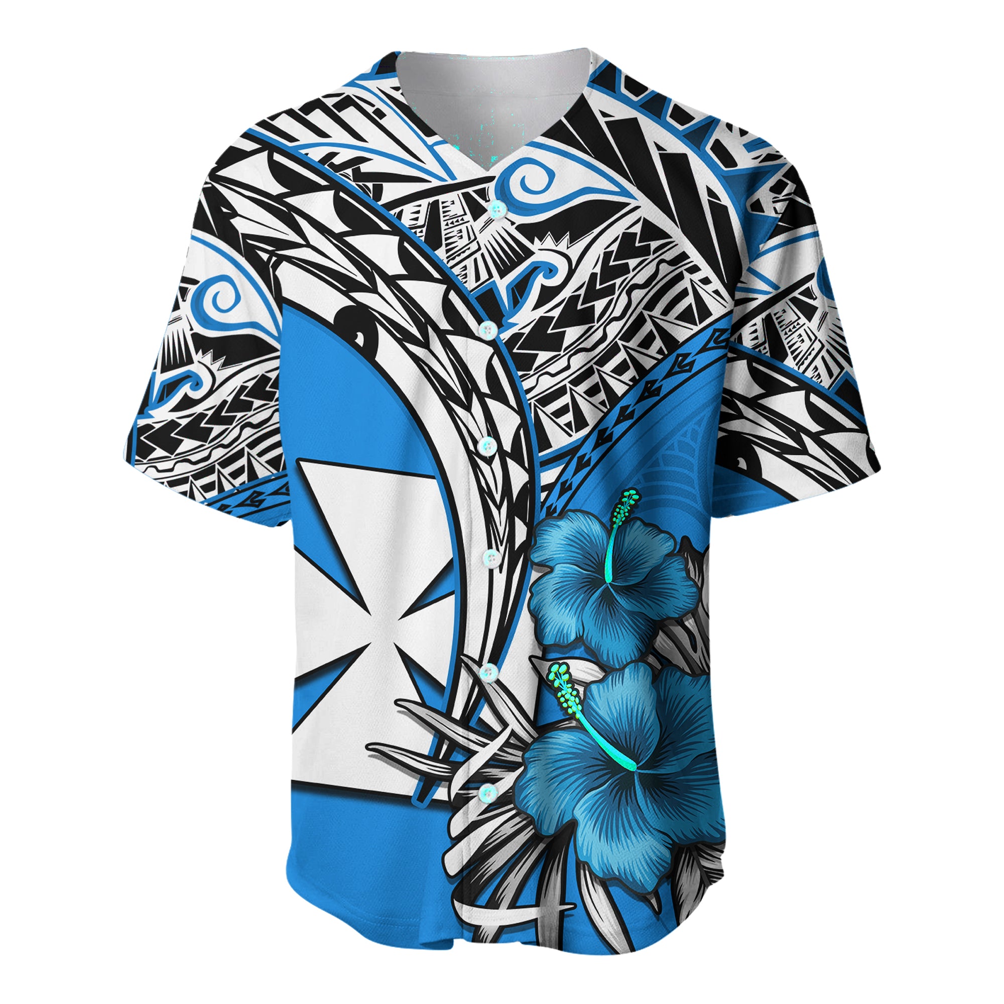 Wallis et Futuna Baseball Jersey Polynesian Pattern and Hibiscus Flowers Version Blue LT13 Unisex Blue - Polynesian Pride