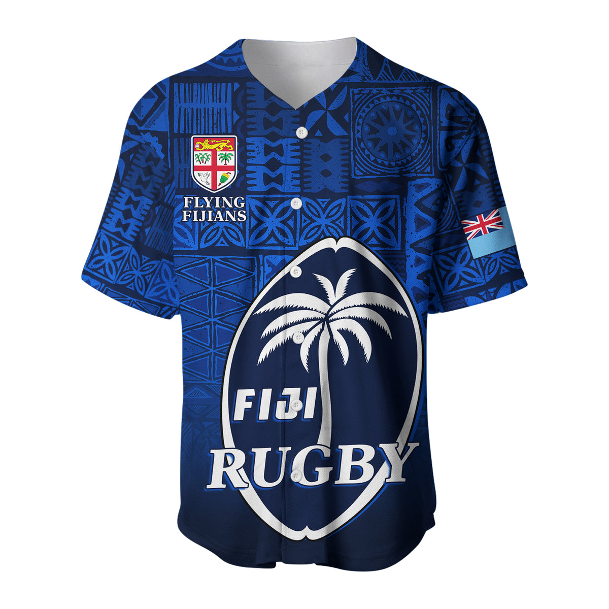 (Custom Text and Number) Fiji Rugby Baseball Jersey Flying Fijians Blue Tapa Pattern LT13 - Polynesian Pride