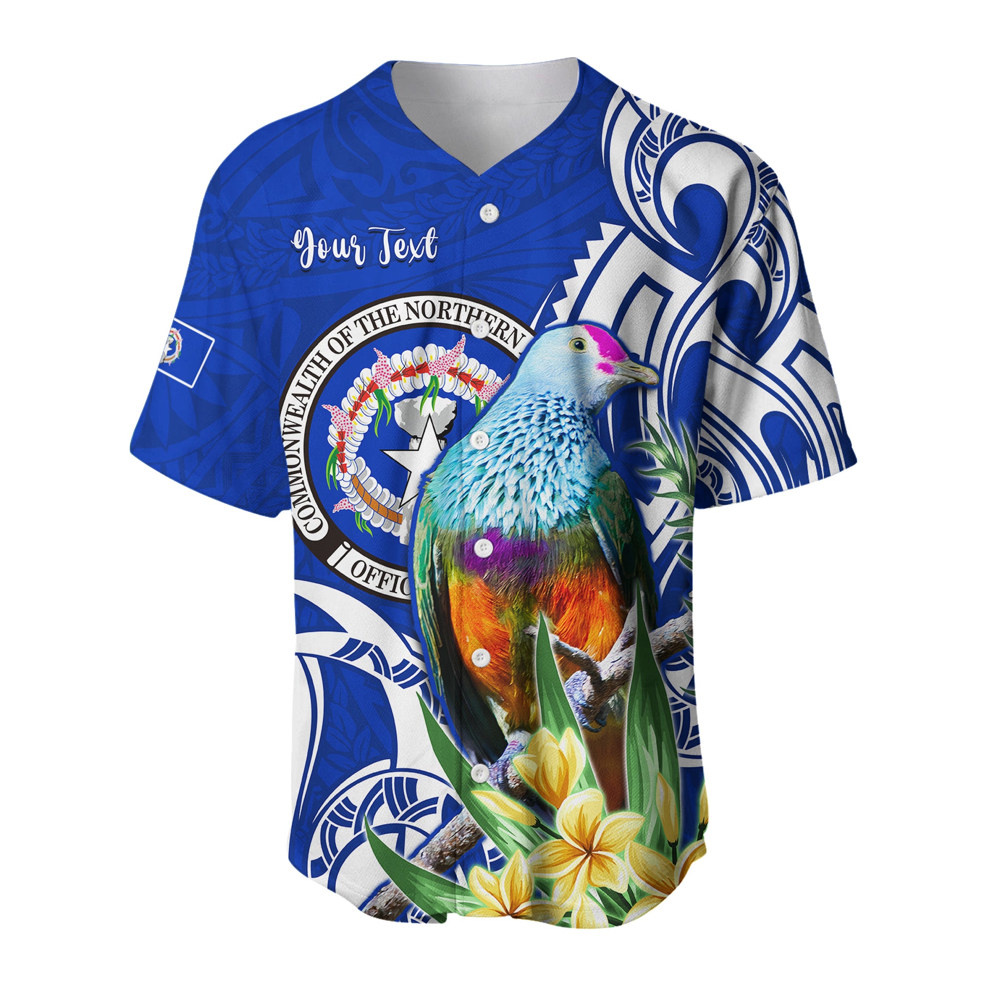 (Custom Personalised) Northern Mariana Islands Baseball Jersey Mariana Fruit Dove Mix Frangipani Flowers LT13 Unisex Blue - Polynesian Pride