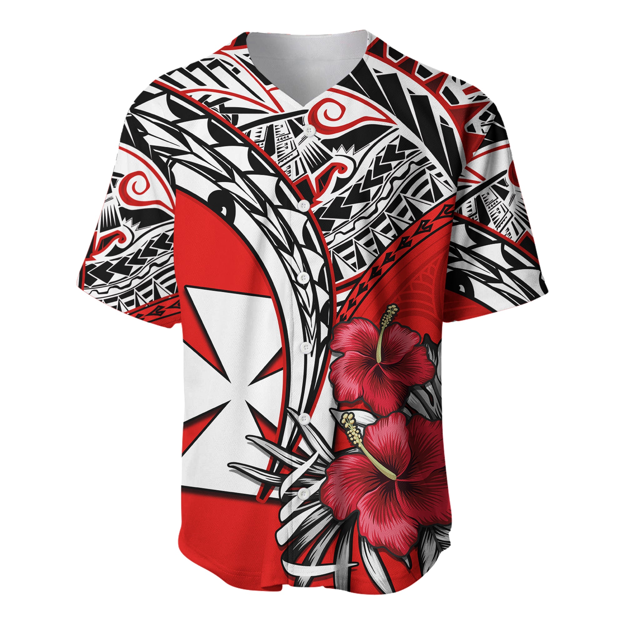 Wallis et Futuna Baseball Jersey Polynesian Pattern and Hibiscus Flowers Version Red LT13 Unisex Red - Polynesian Pride