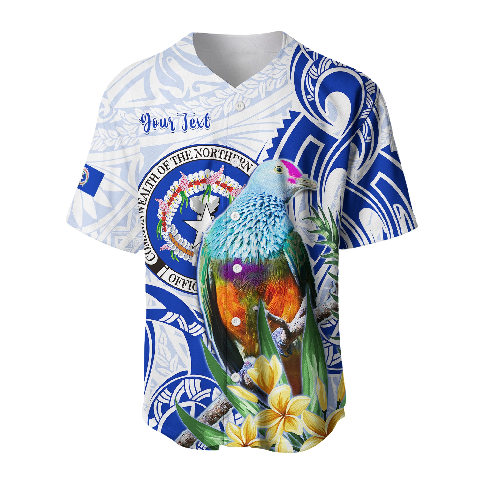 (Custom Personalised) Northern Mariana Islands Baseball Jersey Mariana Fruit Dove Mix Frangipani Flowers White LT13 Unisex White - Polynesian Pride