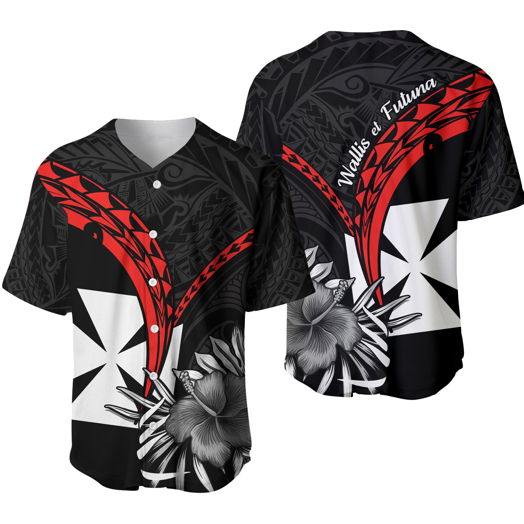 Wallis et Futuna Baseball Jersey Polynesian Pattern and Hibiscus Flowers Version Black LT13 Unisex Black - Polynesian Pride