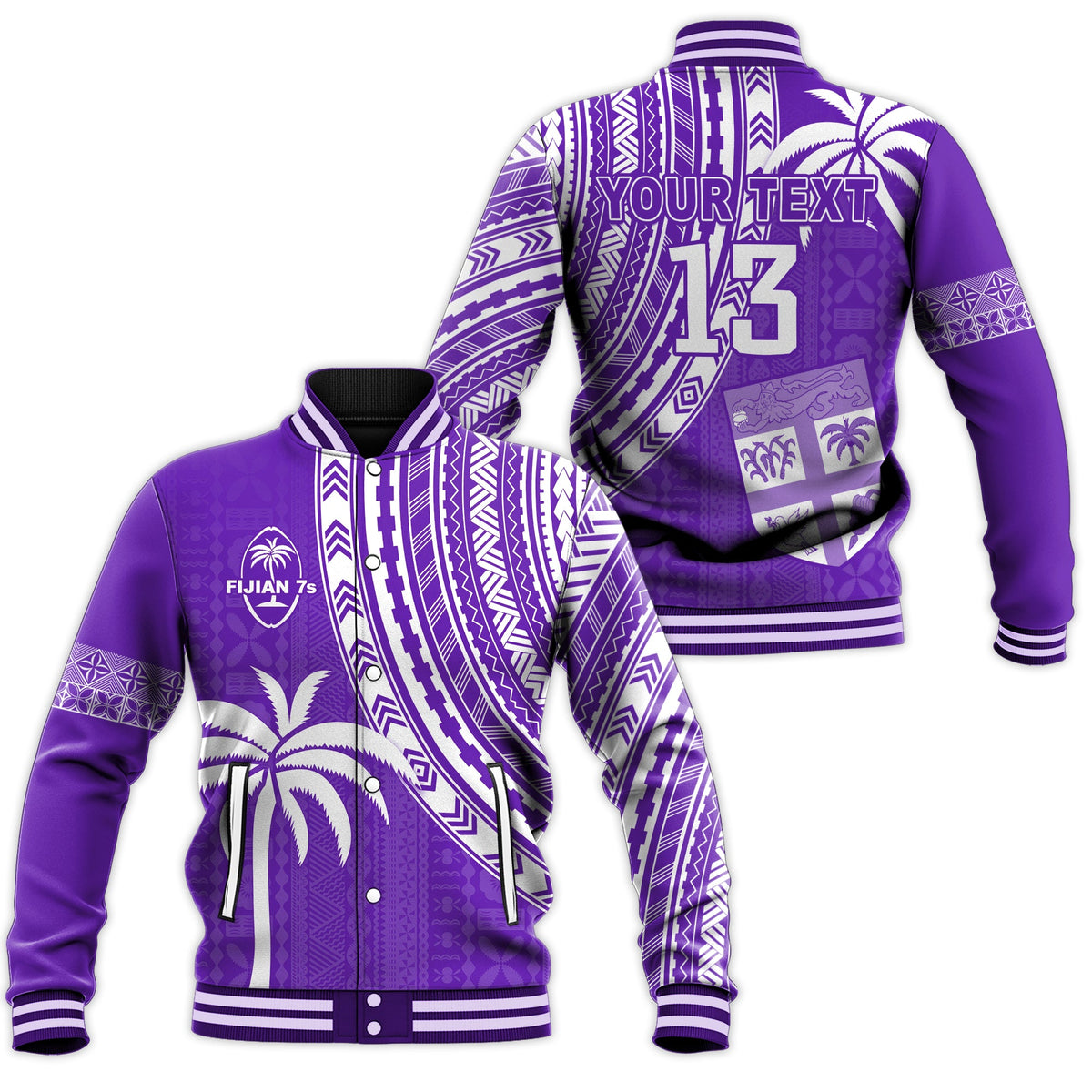 (Custom Text and Number) Fiji Rugby Sevens Baseball Jacket Fijian 7s Tapa Polynesian Purple LT13 Unisex Purple - Polynesian Pride