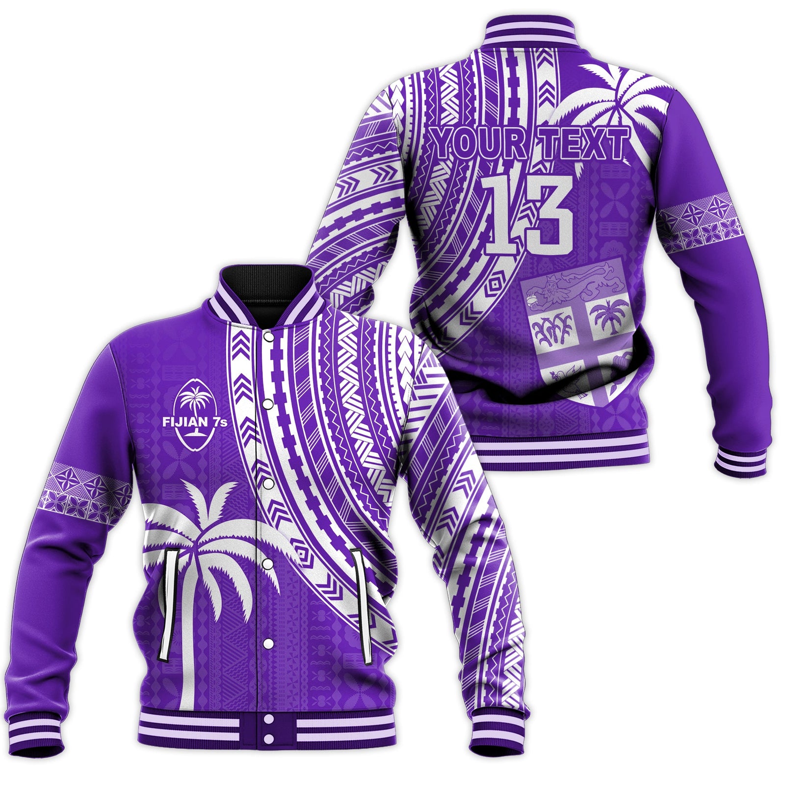 (Custom Text and Number) Fiji Rugby Sevens Baseball Jacket Fijian 7s Tapa Polynesian Purple LT13 Unisex Purple - Polynesian Pride
