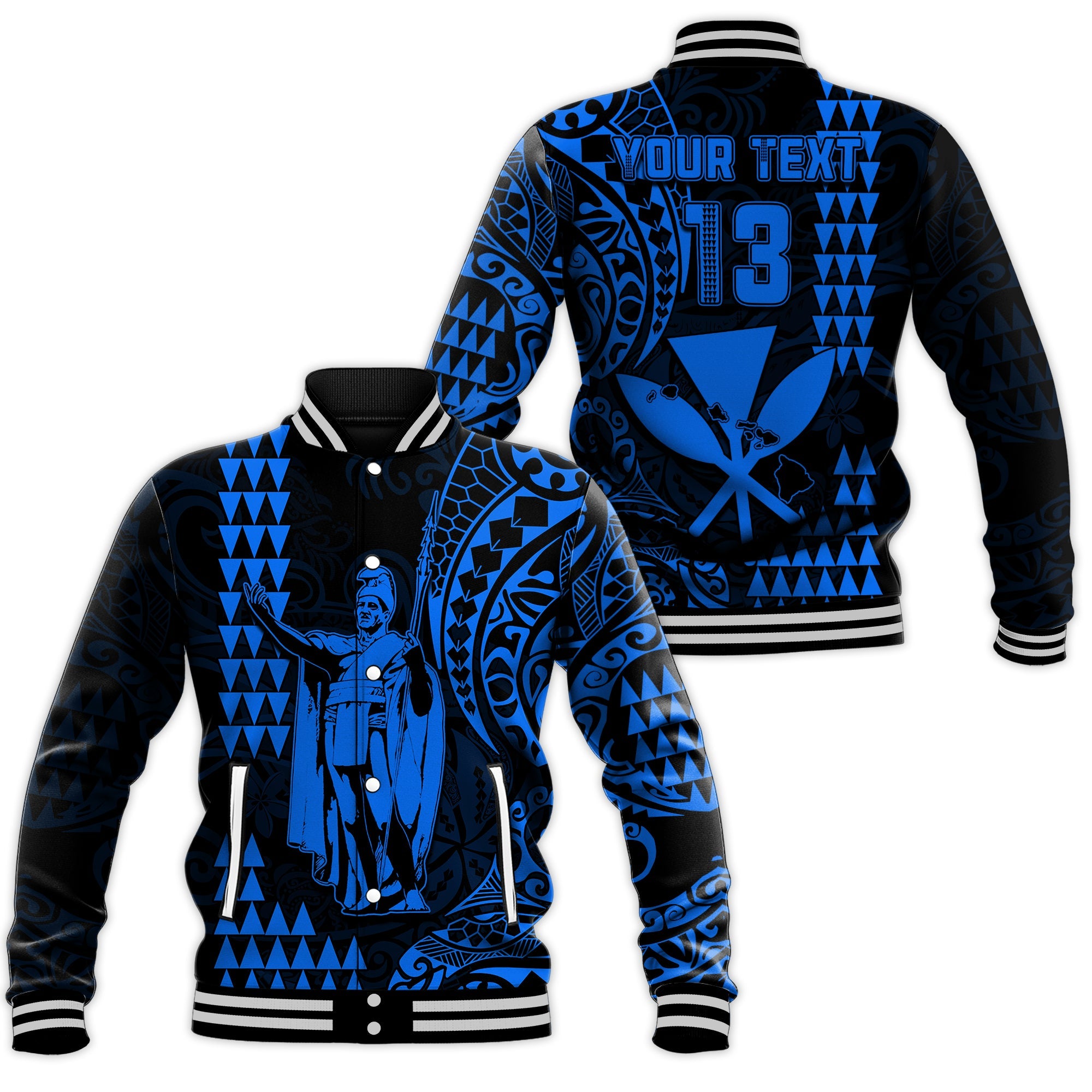 (Custom Text and Number) Hawaii Day Kakau Baseball Jacket Proud To Be Hawaiian Blue King Kamehameha and Kanaka Maoli LT13 Unisex Blue - Polynesian Pride