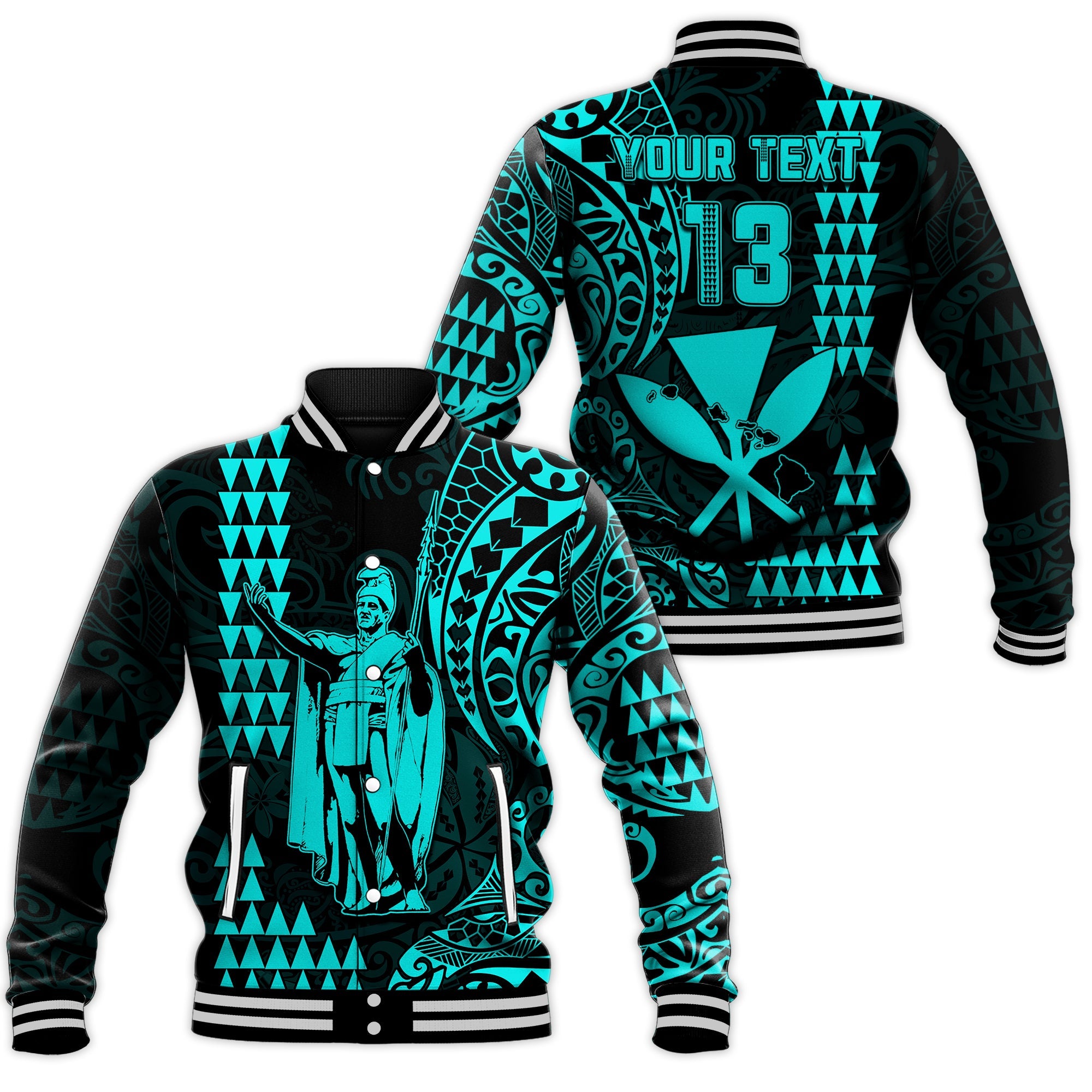 (Custom Text and Number) Hawaii Day Kakau Baseball Jacket Proud To Be Hawaiian Turquoise King Kamehameha and Kanaka Maoli LT13 Unisex Turquoise - Polynesian Pride