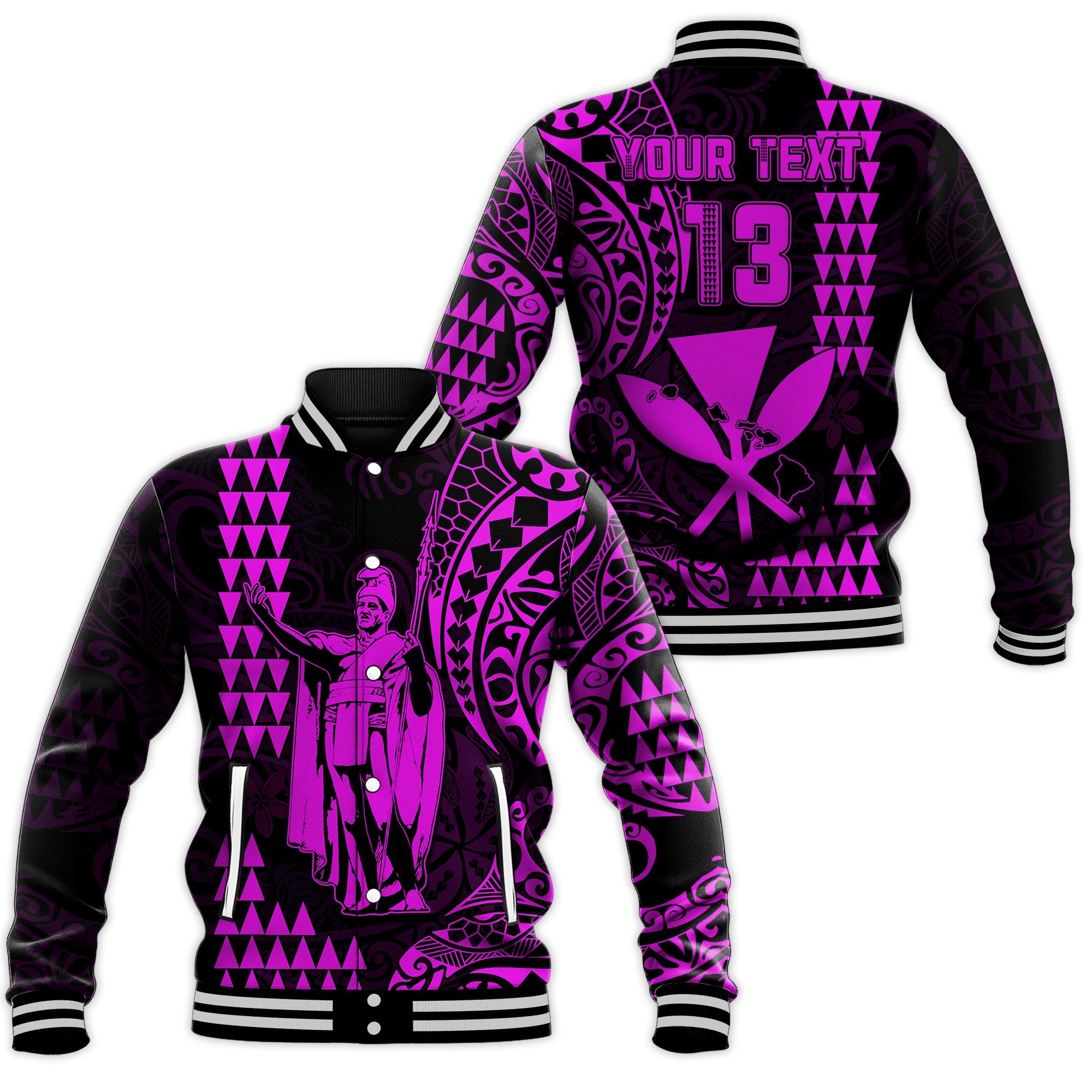 (Custom Text and Number) Hawaii Day Kakau Baseball Jacket Proud To Be Hawaiian Purple King Kamehameha and Kanaka Maoli LT13 Unisex Purple - Polynesian Pride