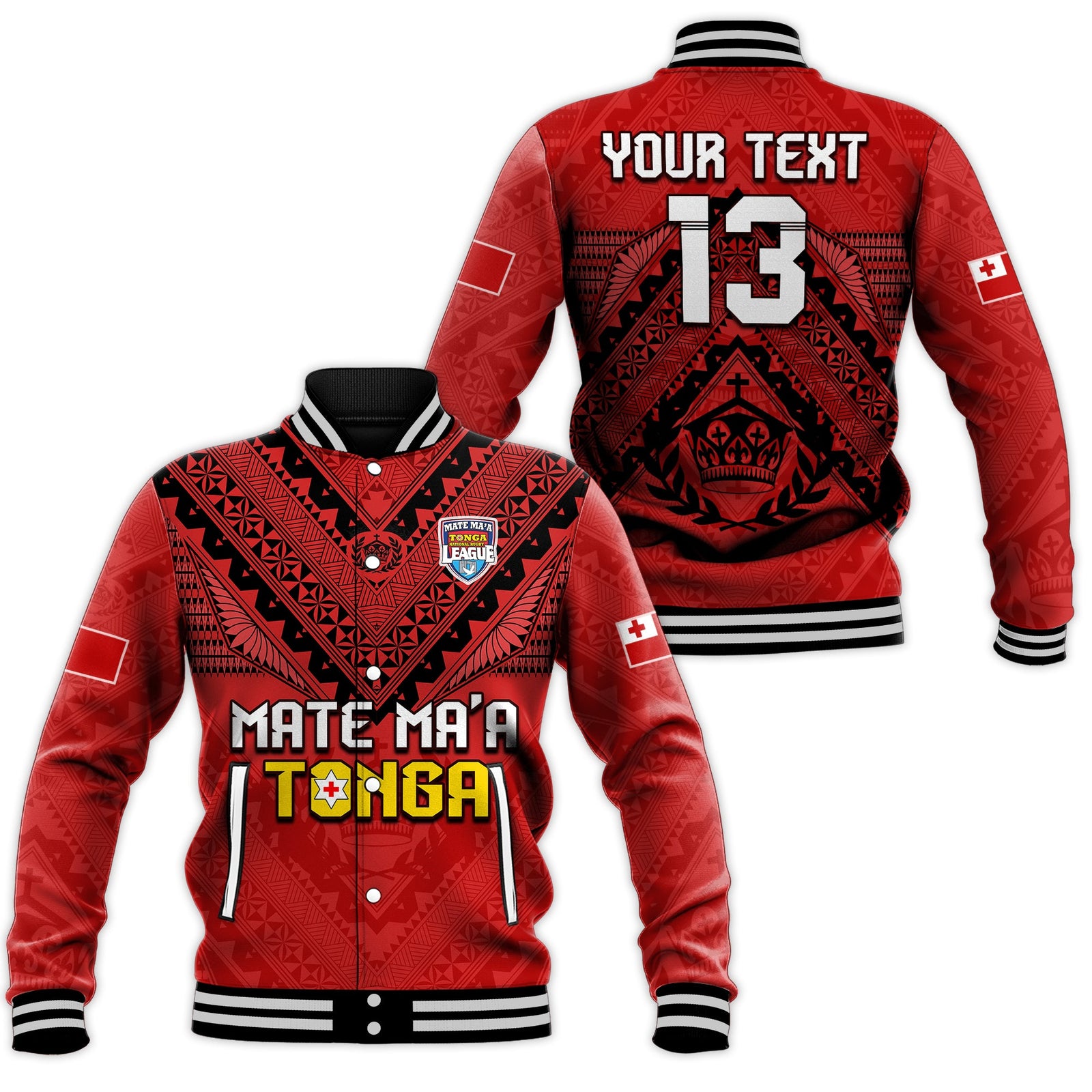 (Custom Text and Number) Tonga Rugby MMT Baseball Jacket Ngatu Mate Maa Tonga Simple LT13 Unisex Red - Polynesian Pride