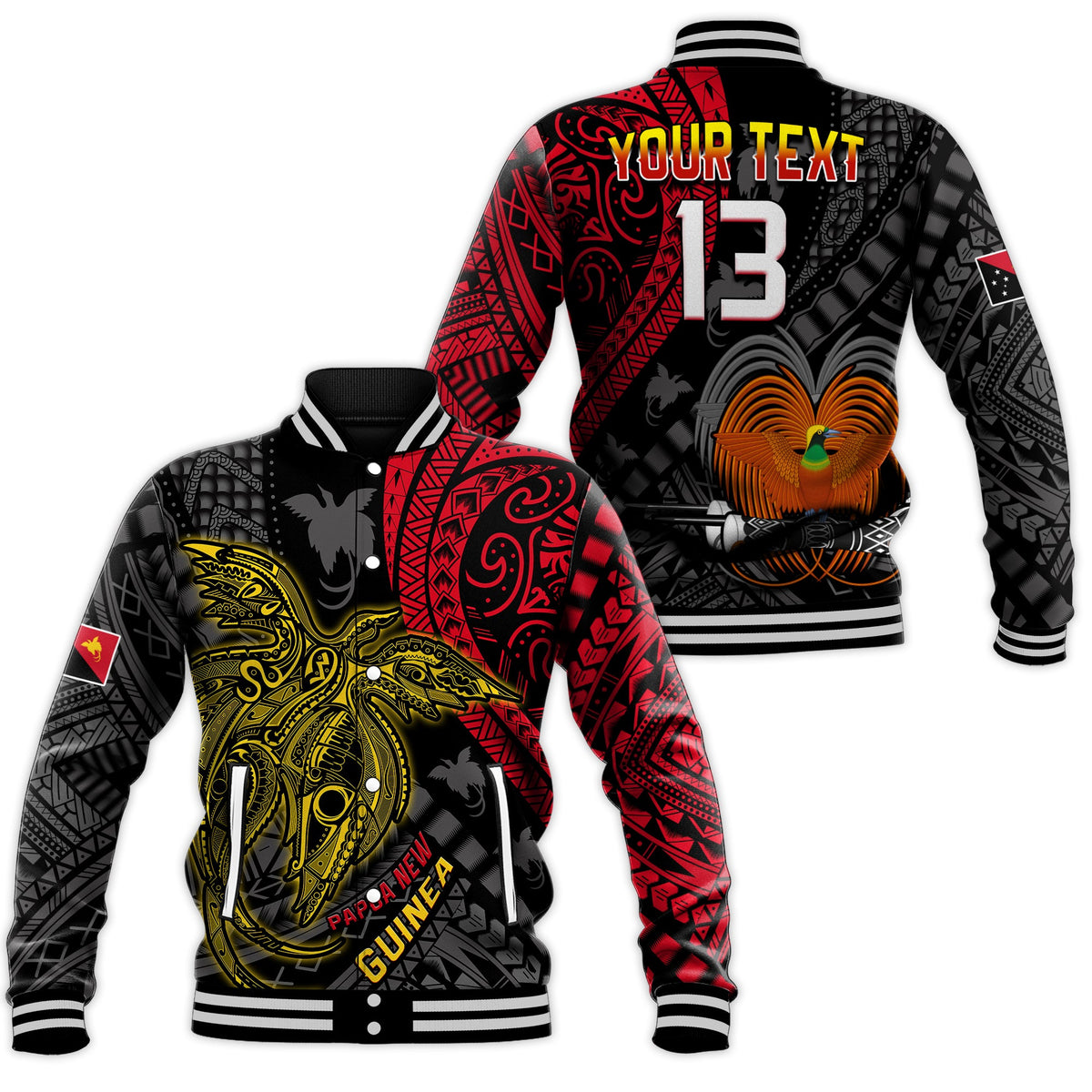 (Custom Text and Number) Papua New Guinea Baseball Jacket Raggiana Birds Of Paradise Happy 47th Independence Day LT13 Unisex Black - Polynesian Pride
