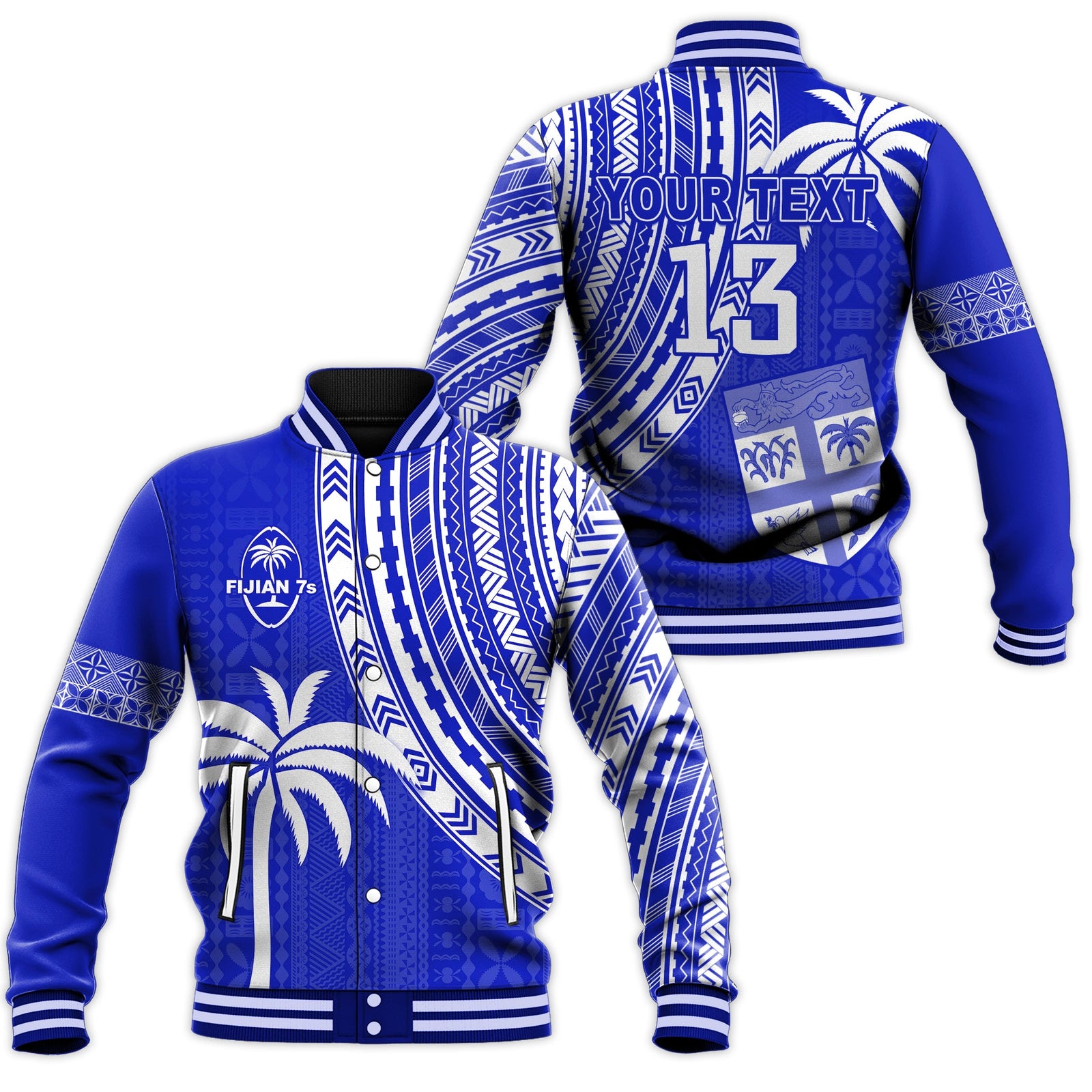 (Custom Text and Number) Fiji Rugby Sevens Baseball Jacket Fijian 7s Tapa Polynesian Blue Ver.02 LT13 Unisex Blue - Polynesian Pride