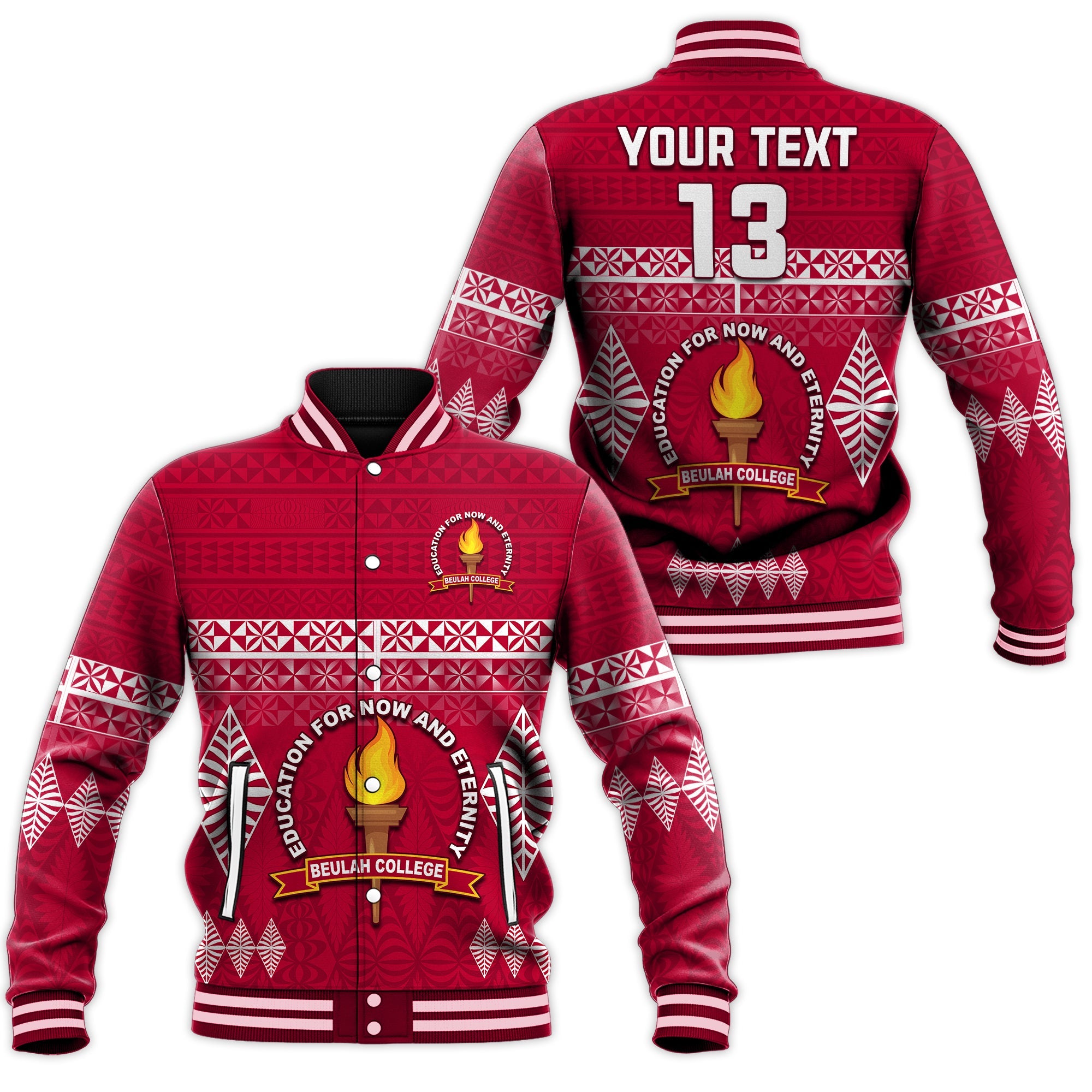 (Custom Text and Number) Beulah College Baseball Jacket Ngatu Pattern Tonga LT13 Unisex Maroon - Polynesian Pride