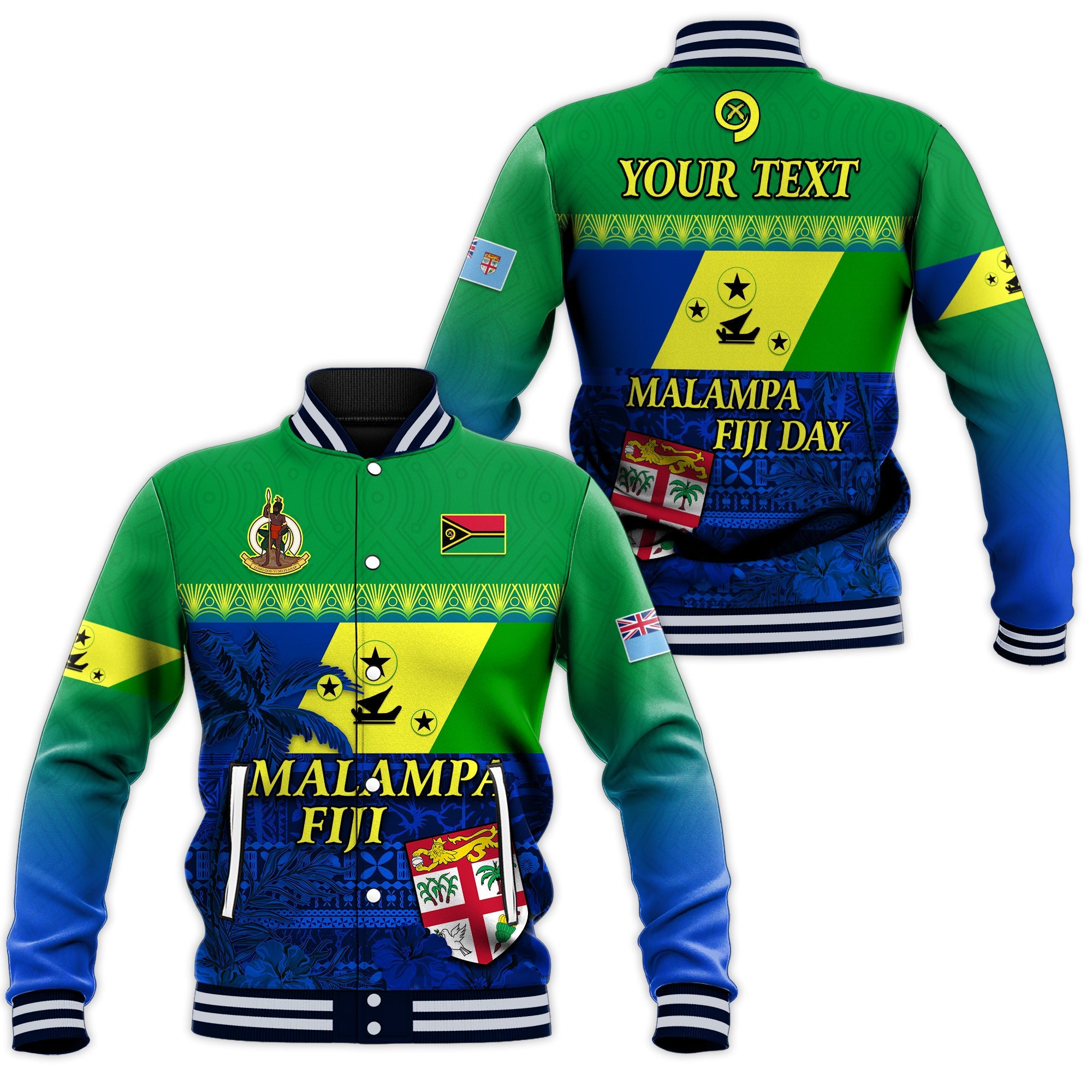 (Custom Personalised) Malampa Fiji Day Baseball Jacket Vanuatu Polynesia mix Flowers LT13 Unisex Green - Polynesian Pride