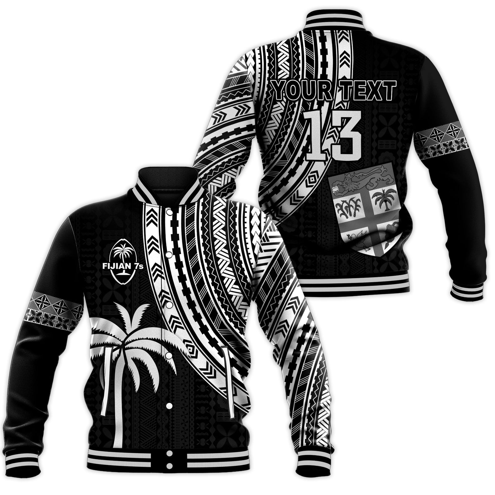 (Custom Text and Number) Fiji Rugby Sevens Baseball Jacket Fijian 7s Tapa Polynesian LT13 Unisex Black - Polynesian Pride