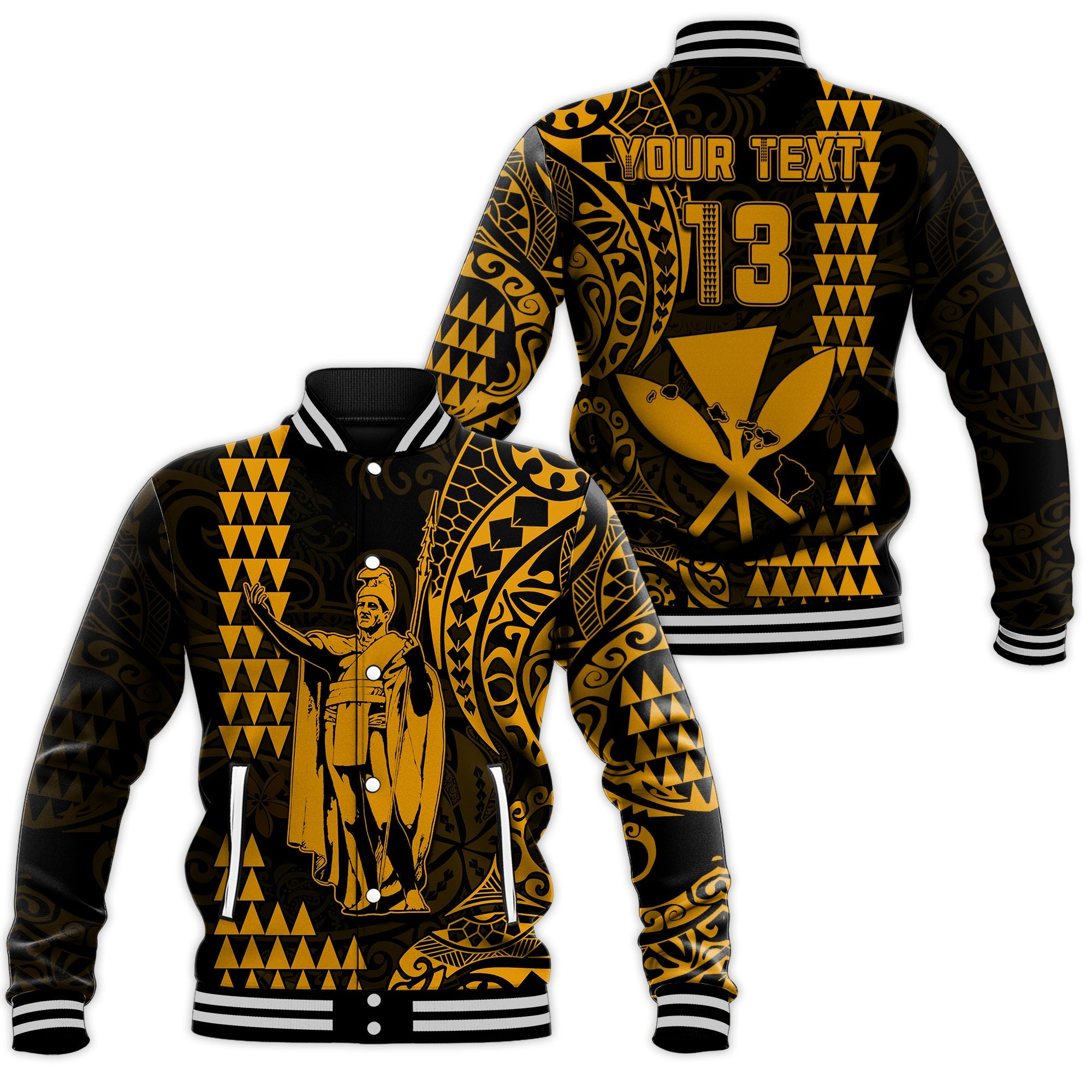 (Custom Text and Number) Hawaii Day Kakau Baseball Jacket Proud To Be Hawaiian Gold King Kamehameha and Kanaka Maoli LT13 Unisex Gold - Polynesian Pride