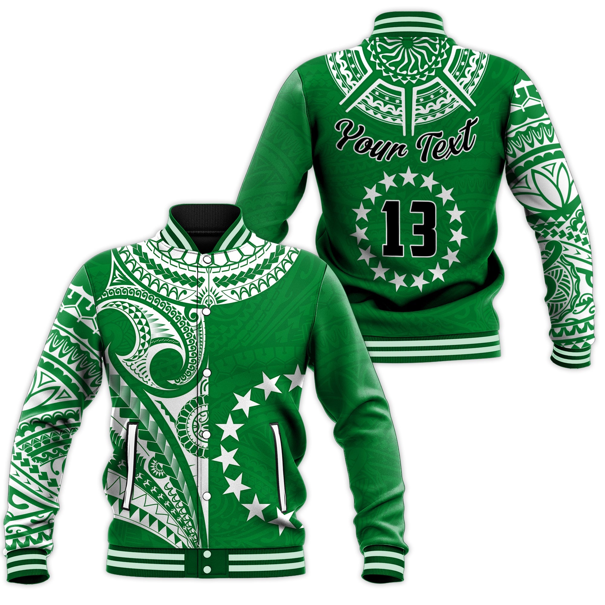 (Custom Text and Number) Cook Islands Tatau Baseball Jacket Symbolize Passion Stars Version Green LT13 Unisex Green - Polynesian Pride